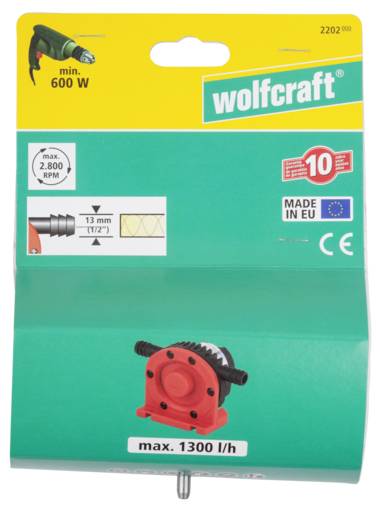 Verpackung eines Wolfcraft Gartenpumpenaufsatzes, geeignet für Bohrmaschinen ab 600 W; max. Leistung: 1300 Liter/Stunde.