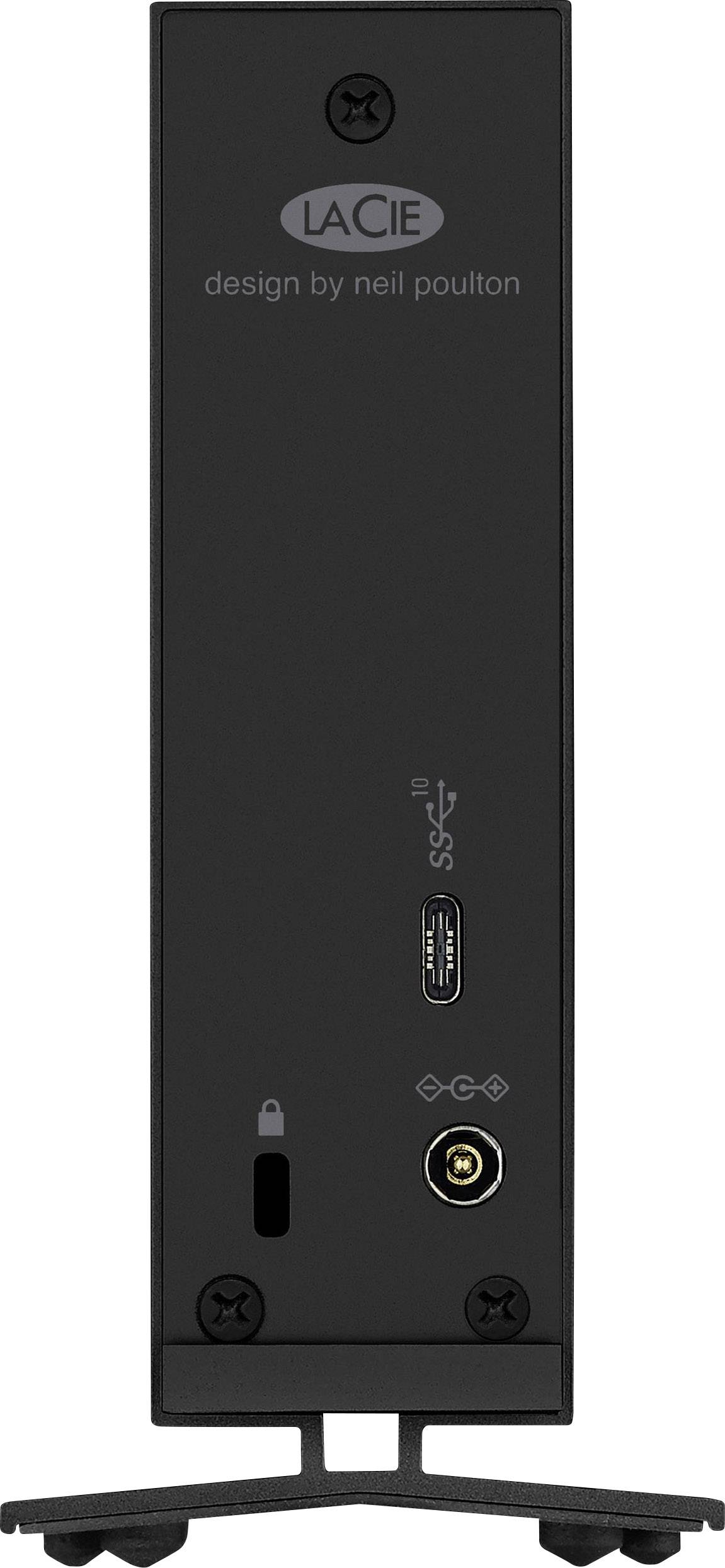 Externe Festplatte, Rückseiteansicht. Anschlüsse: USB-C, Stromanschluss. Beschriftung oben: 'LACIE design by neil poulton'.