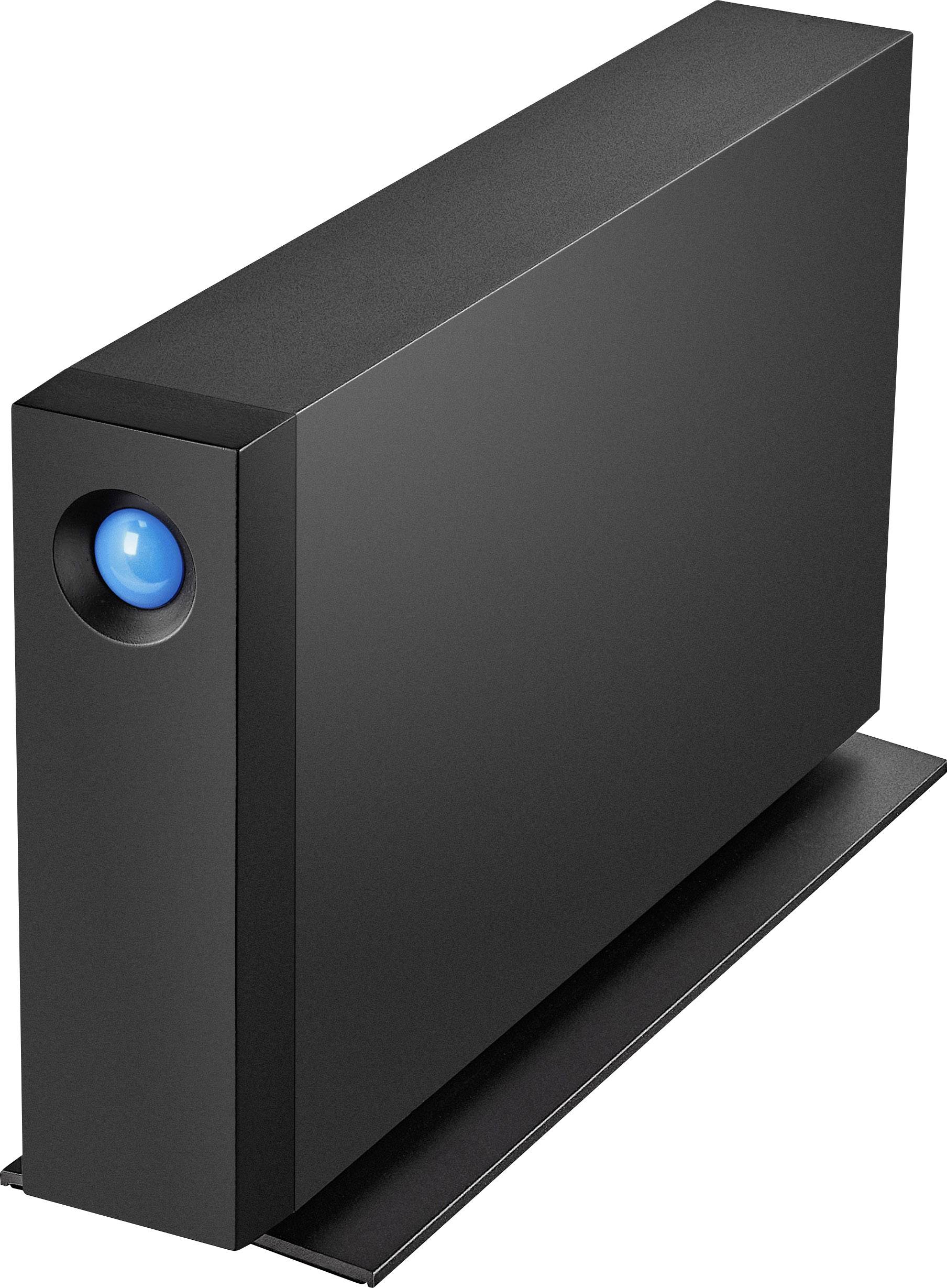 Externe Festplatte mit schwarzem Gehäuse und einem blauen Leuchtknopf an der Vorderseite.
