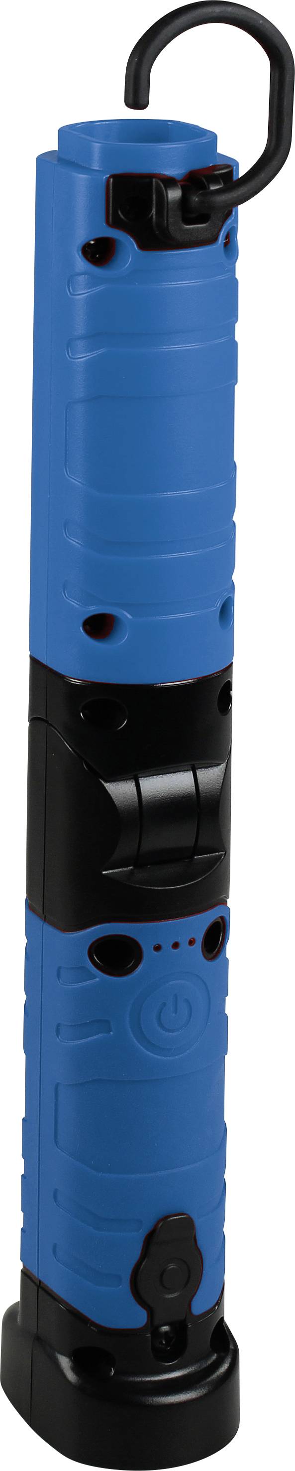 Blaue, tragbare LED-Taschenlampe mit schwarzem Griff und Aufhängevorrichtung, geeignet für Werkstatt- oder Outdoor-Einsätze.