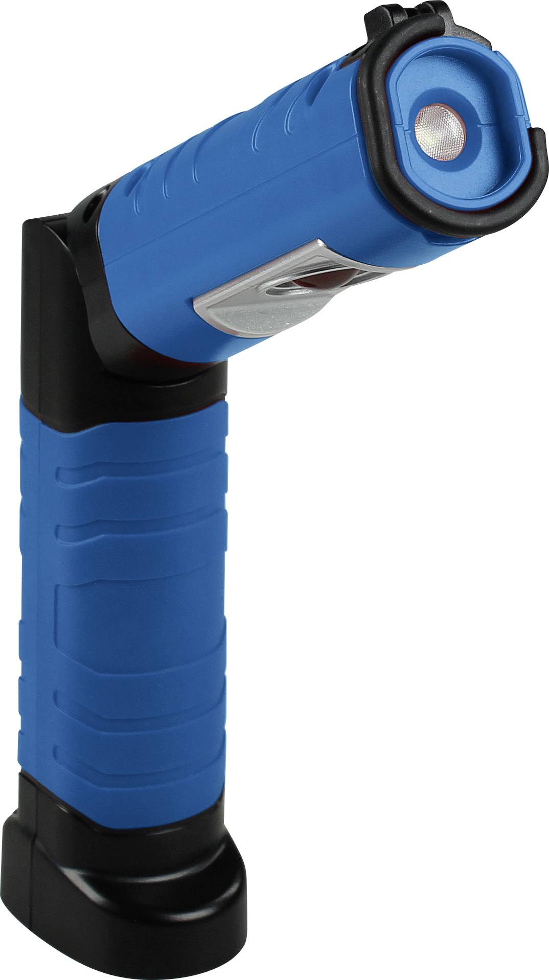 Blaue, batteriebetriebene LED-Taschenlampe mit ergonomischem Griff und seitlichem Schalter, leicht geneigter Kopf zur besseren Ausleuchtung.