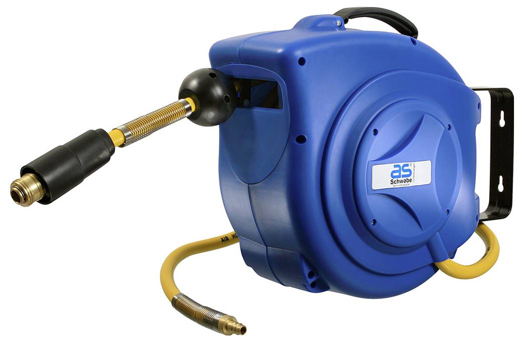 Eine blaue automatische Schlauchtrommel mit einem gelben Schlauch und schwarzer Sprühdüse, montiert auf einer schwarzen Halterung, zur Verwendung für Wasser- oder Luftanwendungen.
