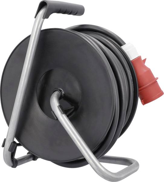 Ein schwarzer Kabeltrommel mit rotem Stecker, montiert auf einem silbernen Metallrahmen mit Griff.