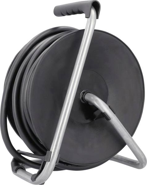 Schwarzer Schlauch auf silbernem Schlauchwagen, vertikal ausgerichtet, mit Griff oben. Ideal zum einfachen Aufrollen und Verstauen.