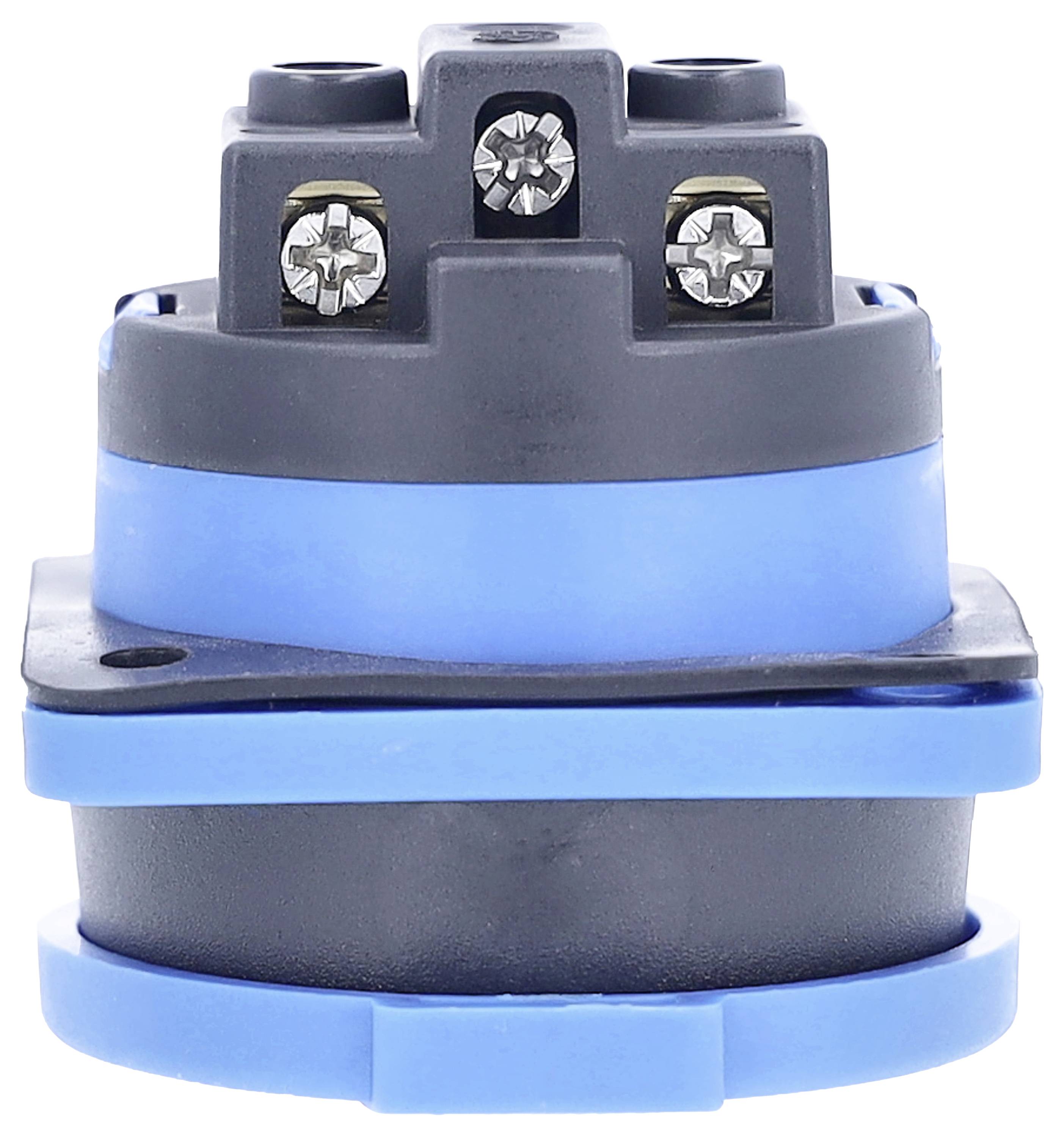 Ein elektrischer Stecker mit zwei Metallschrauben, blauer und schwarzer Gehäuseteil, vermutlich für industrielle oder technische Anwendungen.