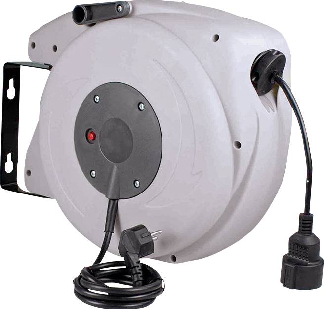 Automatische Kabeltrommel mit Verlängerungskabel, Netzstecker und Steckdose, zur Wandmontage geeignet.