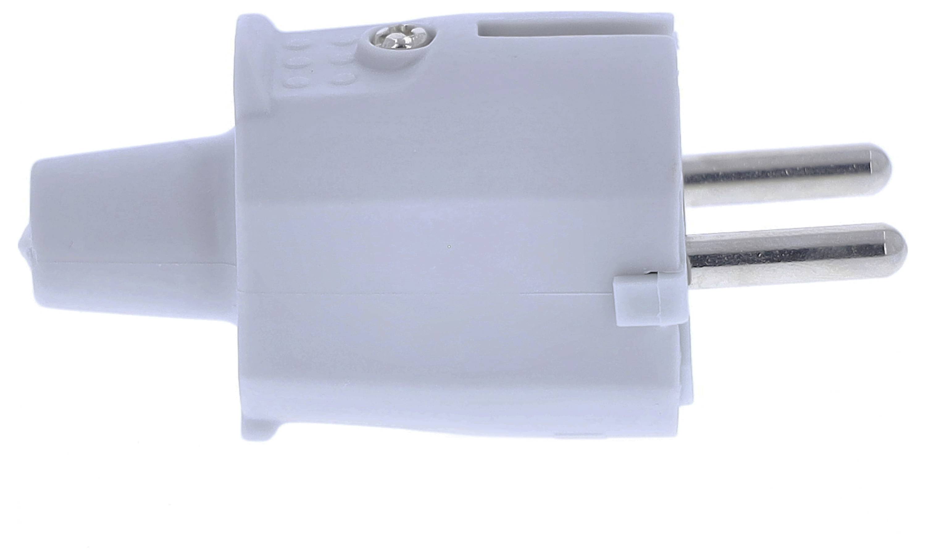 Ein weißer, zweipoliger Eurostecker, oft verwendet für kleine Elektrogeräte in Europa.