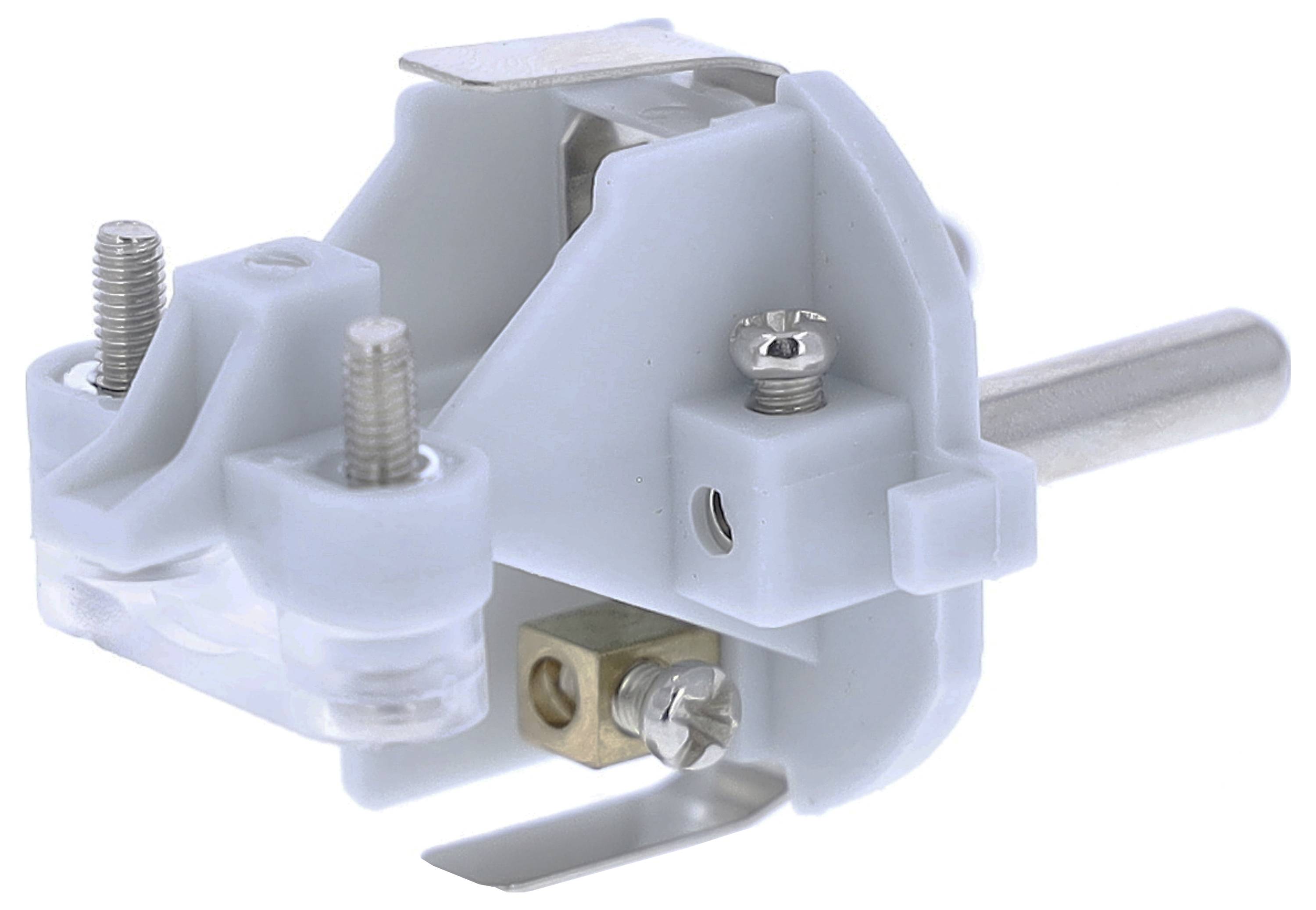 Ein weißes, mechanisches Bauteil mit Metallstäben und Schrauben. Es scheint Teil einer größeren Maschine oder Vorrichtung zu sein.