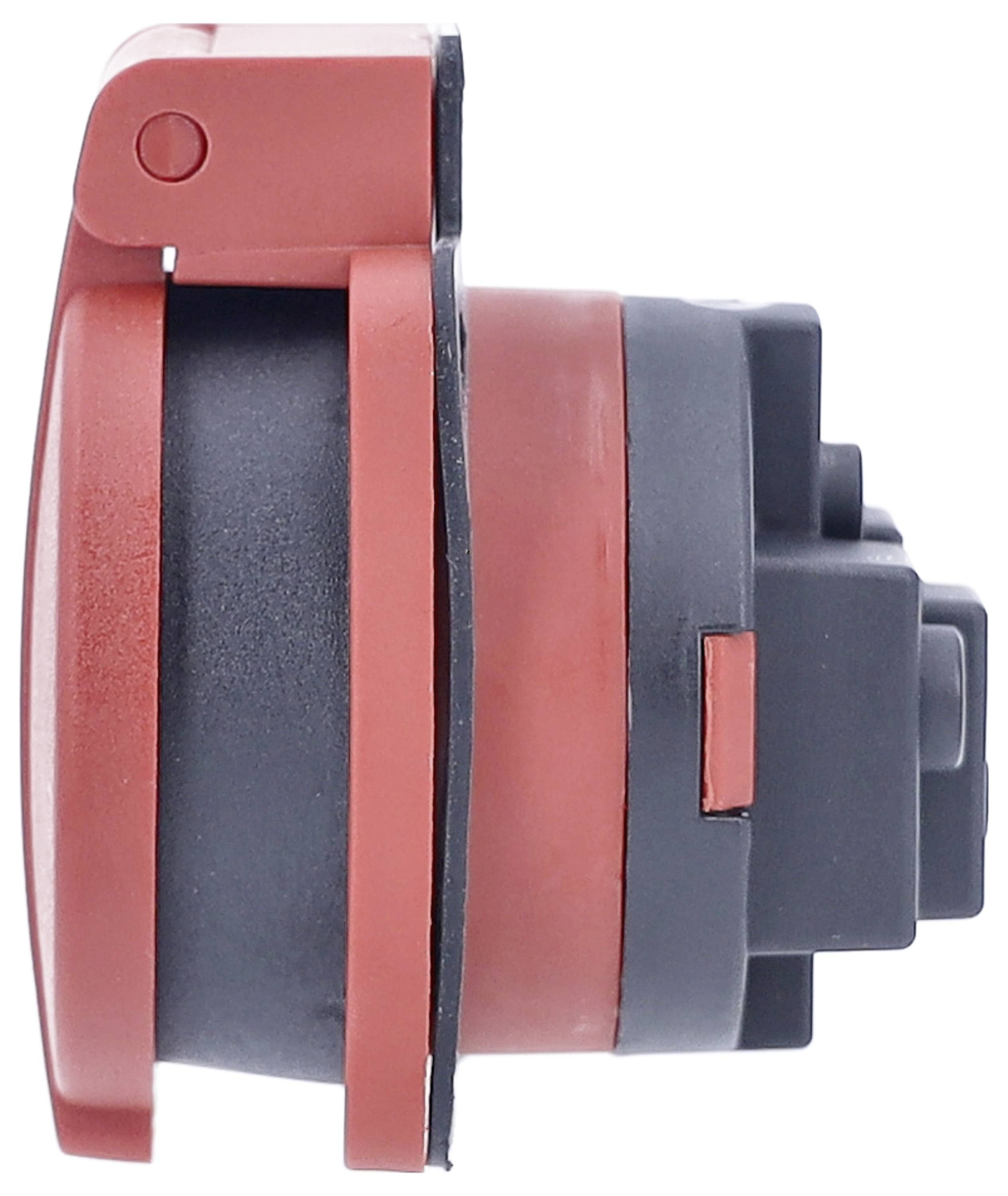 Ein roter Sensor mit schwarzem Gehäuse seitlich fotografiert. Der Sensor ist für industrielle Anwendungen konzipiert.