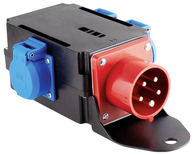 Industriestromverbinder: schwarzes Gehäuse mit roter Fünf-Pin-Buchse und zwei blauen Buchsen, konzipiert für elektrische Stromverteilung.