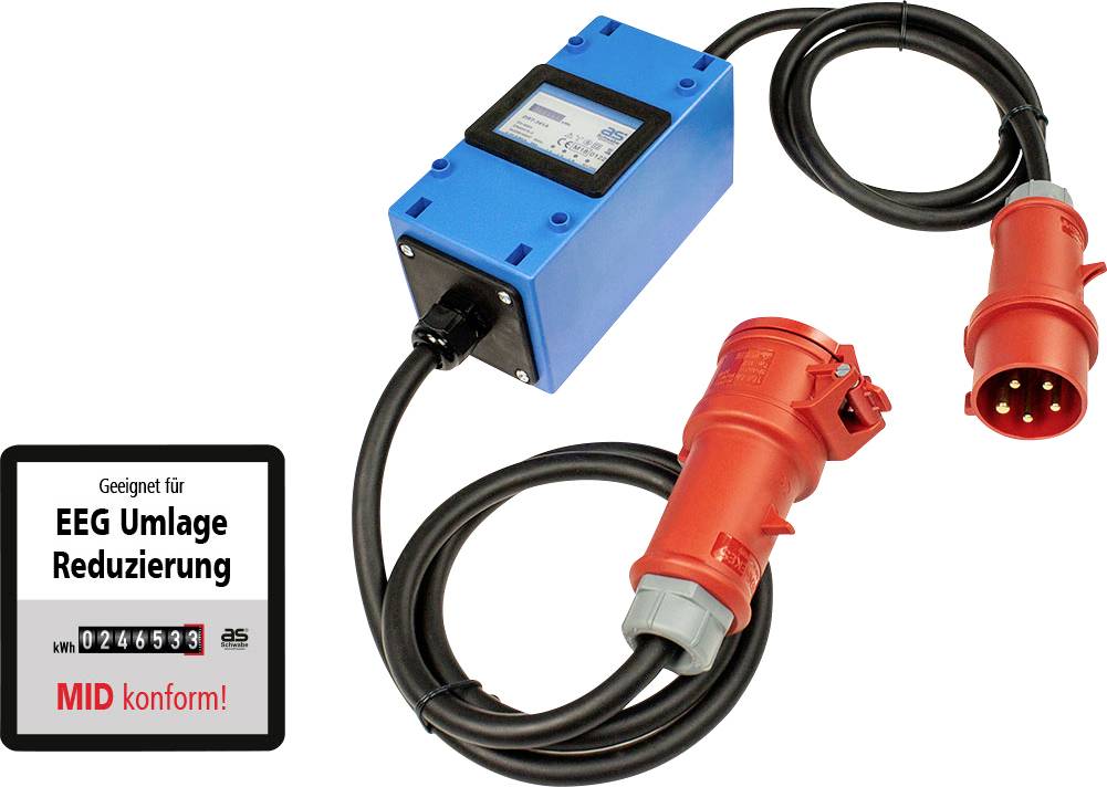 Ein blauer Stromzähler mit roten Steckverbindungen. Ein Etikett zeigt an: 'Geeignet für EEG Umlage Reduzierung'.