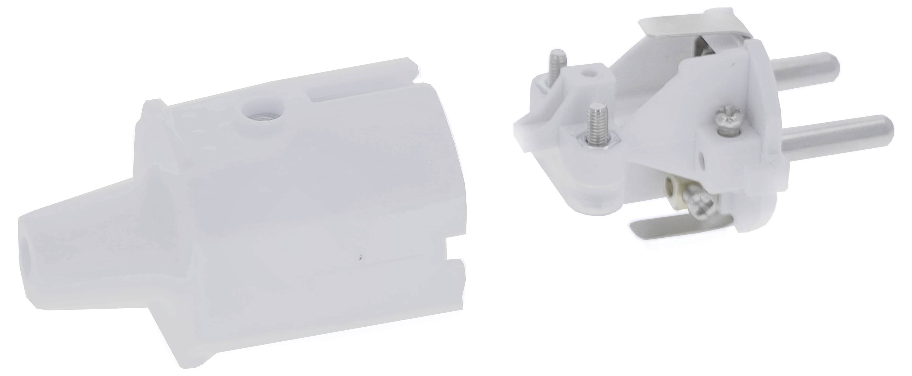 Zwei Teile eines weißen Eurostecker-Adapters. Links ist die Abdeckung, rechts der Adapter mit sichtbaren Schrauben und Kontakten.