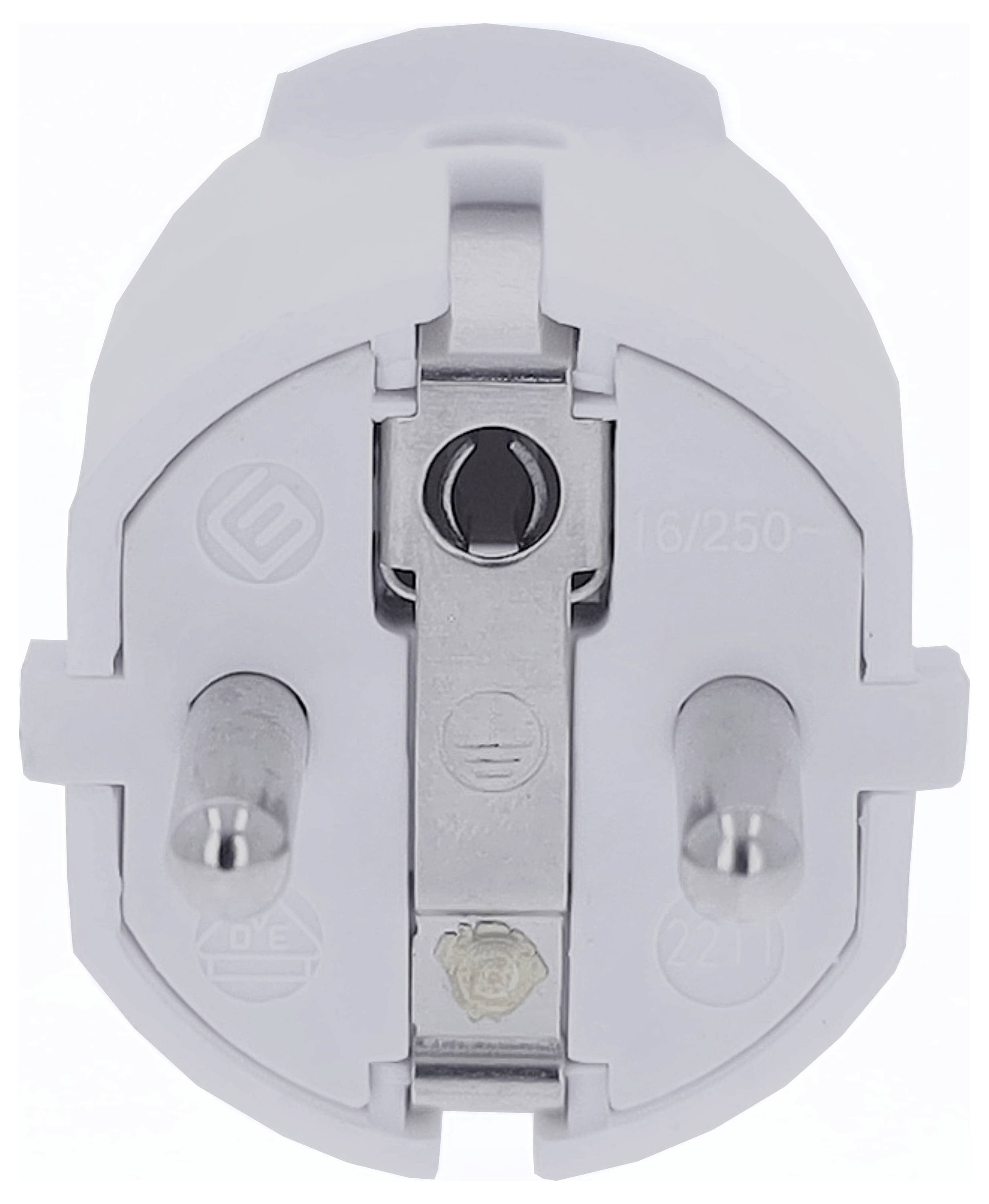 Nahaufnahme eines europäischen zweipoligen Steckers mit geerdetem Kontakt, seitlicher Metallkontakte und Kunststoffgehäuse.