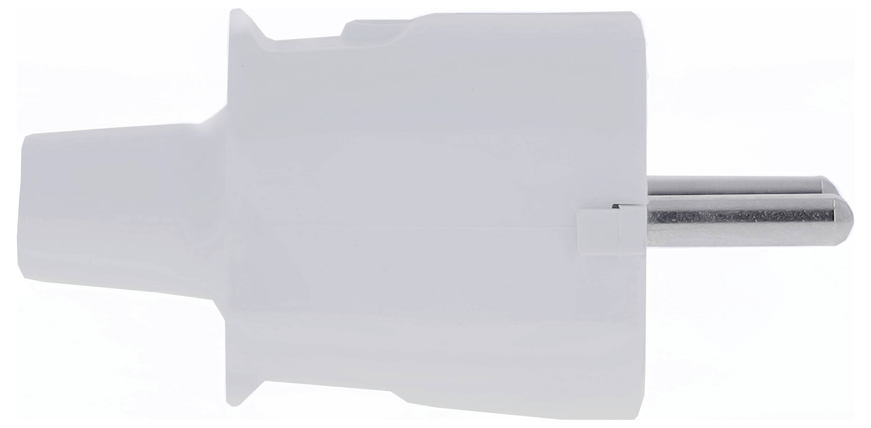 Ein weißer Eurosteckeradapter, seitlich dargestellt, zeigt den zweipoligen Stecker zum Anschluss an europäische Steckdosen.