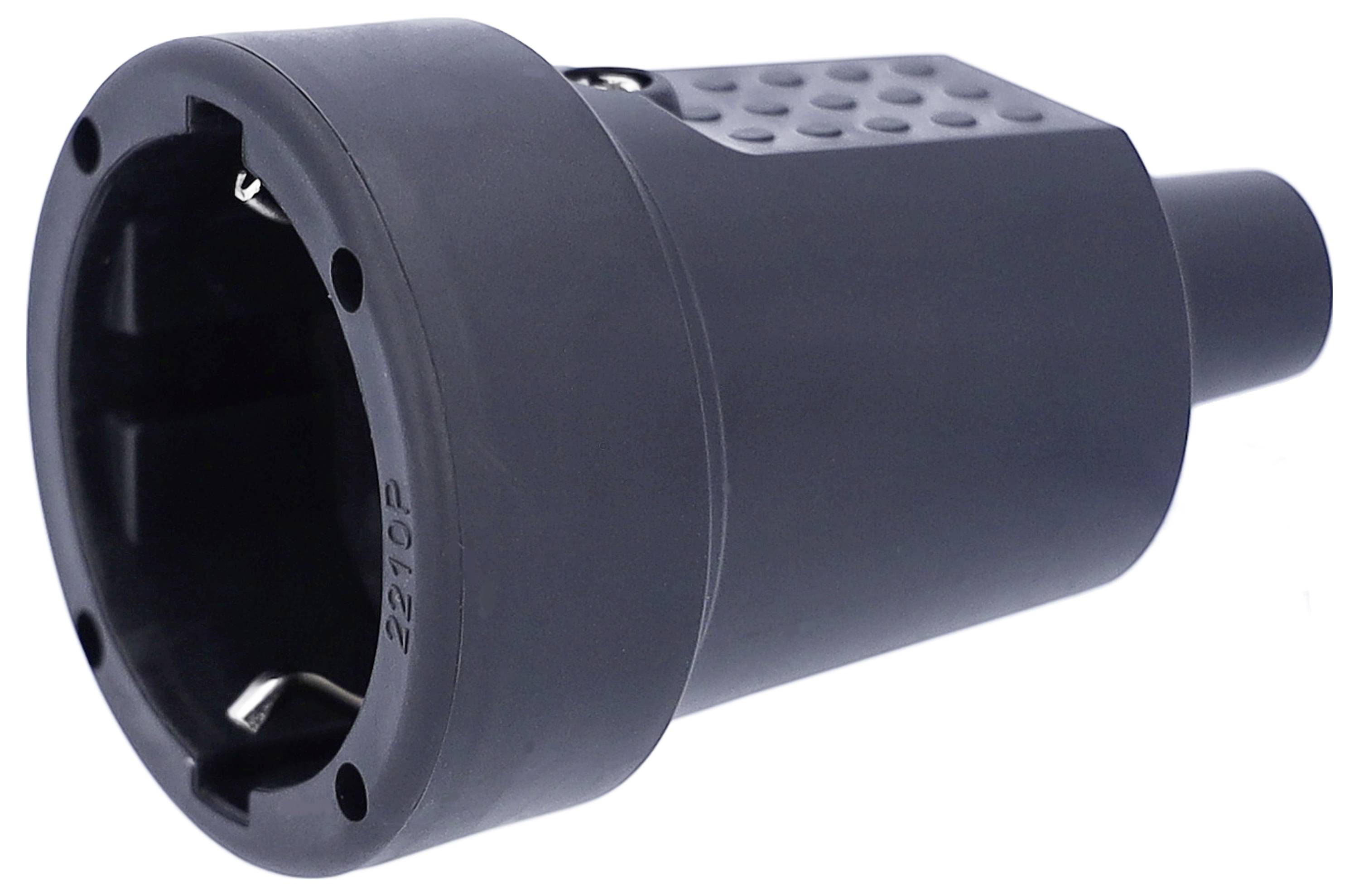 Ein schwarzer Adapter mit geprägter Oberfläche und Steckeranschluss, seitliche Ansicht.