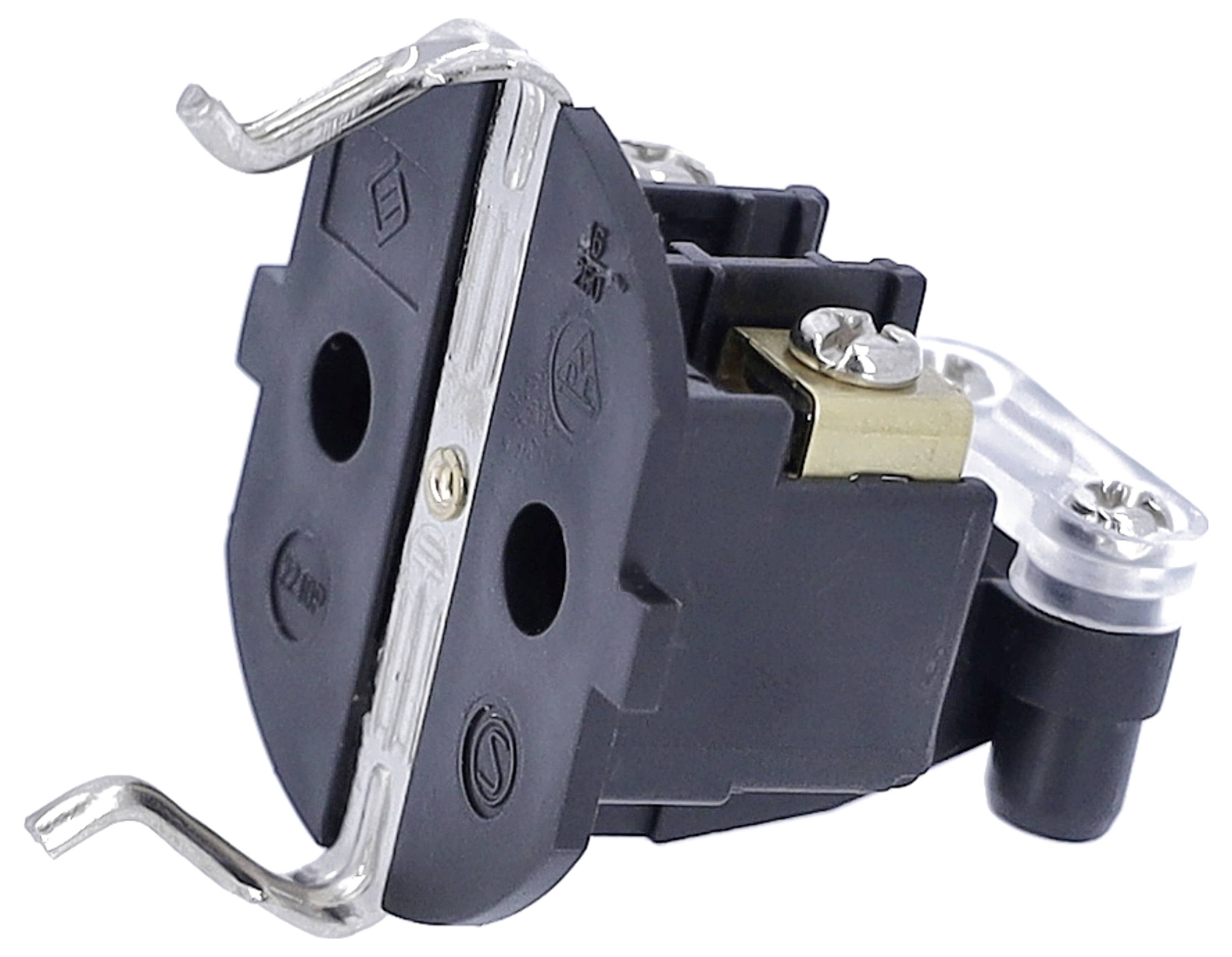 Ein schwarzer Elektroschalter mit zwei Metalllaschen und Befestigungsschrauben, links die Kontakte, rechts die Anschlüsse.