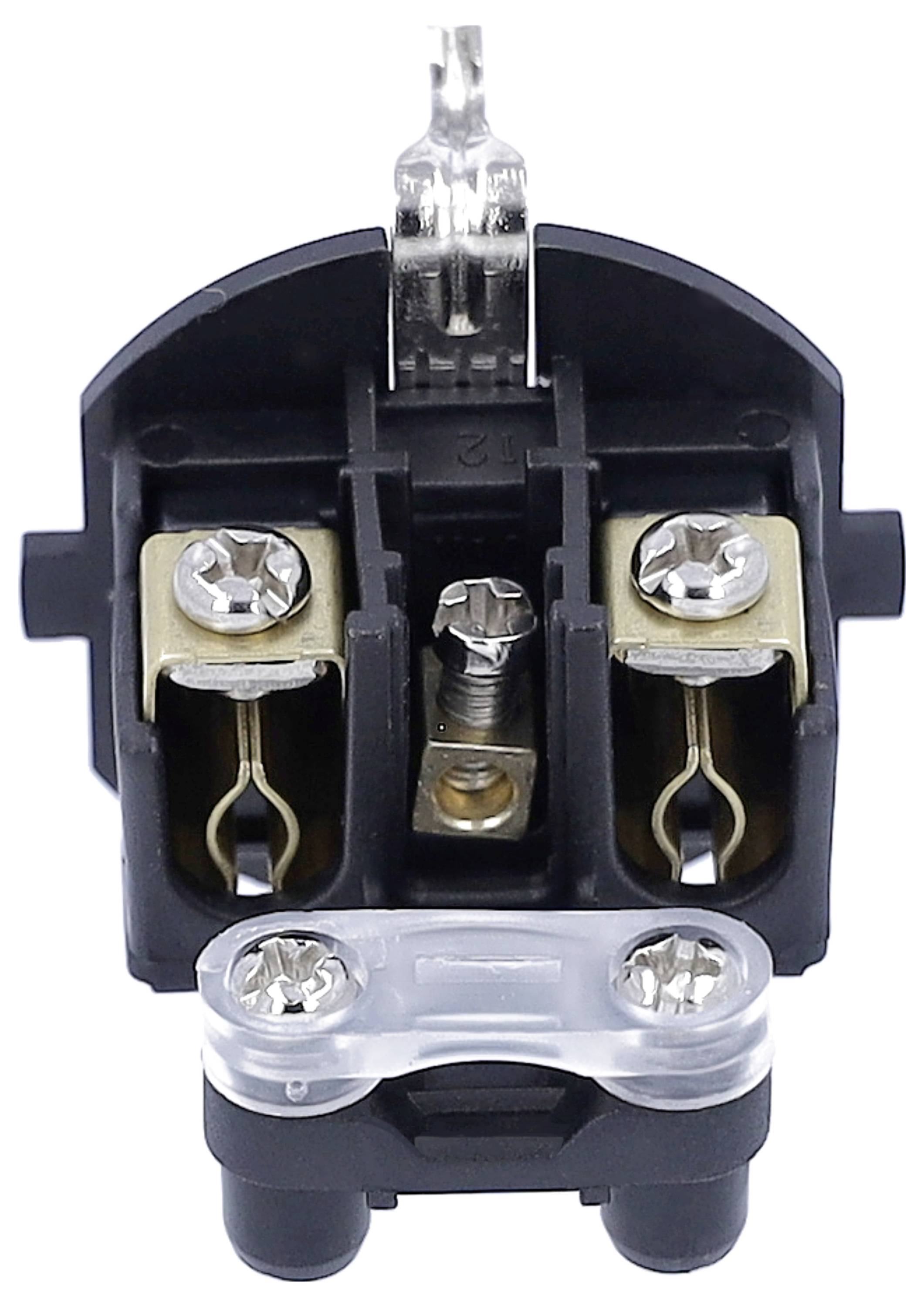 Ein geöffneter elektrischer Stecker mit sichtbaren Metallklemmen und Schrauben zur Befestigung von Drähten.