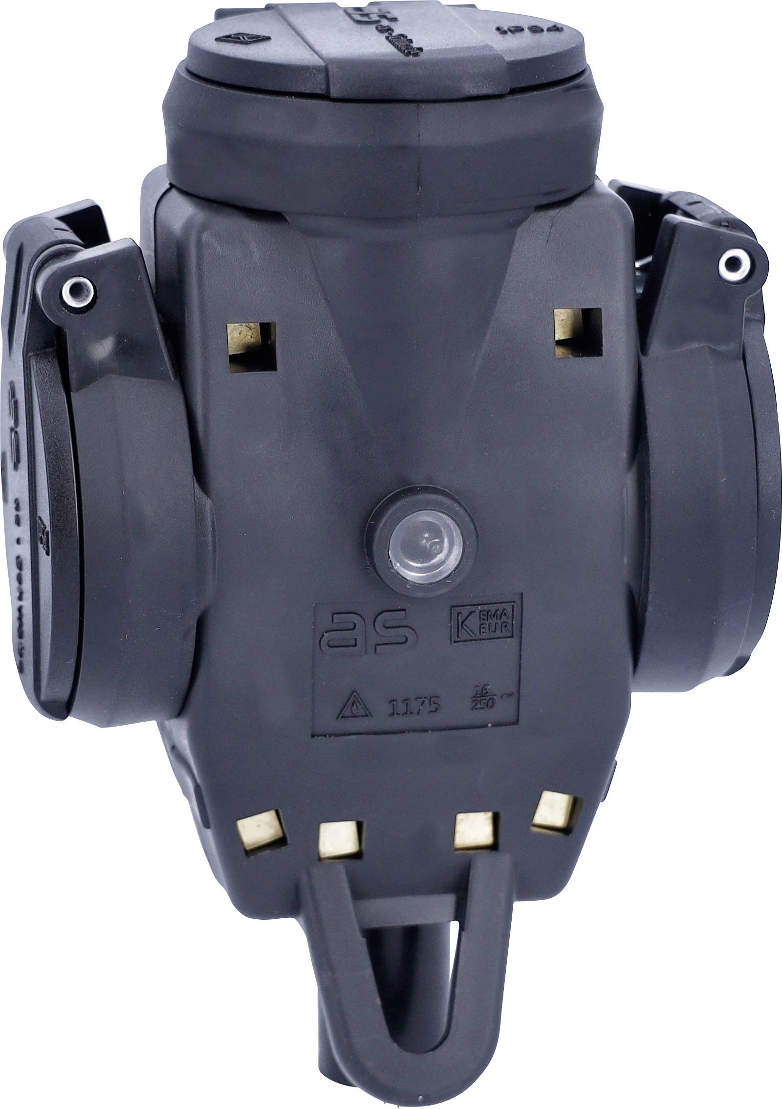 Elektrischer Stecker mit drei Polen in schwarzem Gehäuse, geeignet für industrielle Anwendungen.