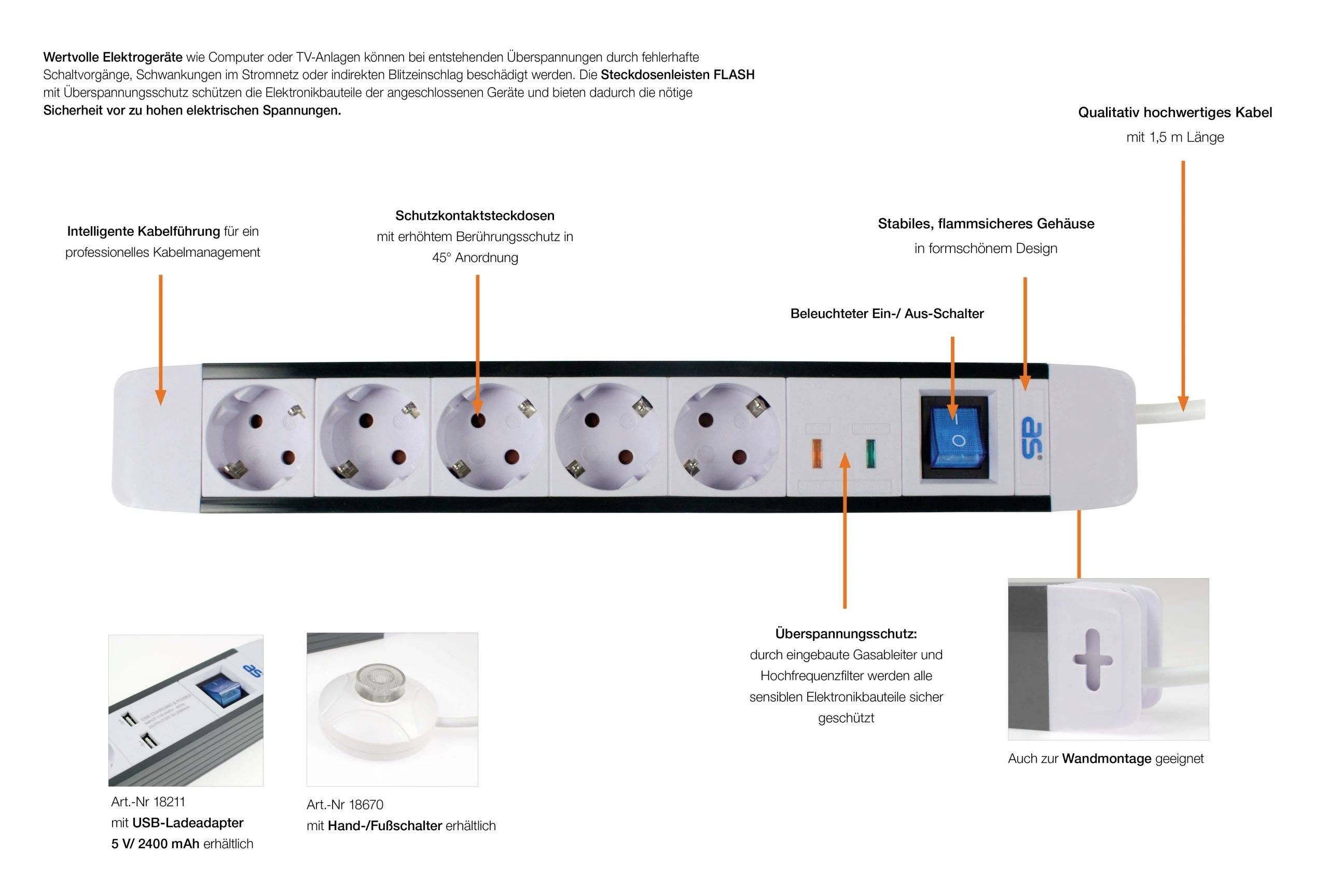Steckdosenleiste FLASH: 5 Steckdosen, Überspannungsschutz, Ein-/Ausschalter, Wandmontageoption. Hochwertiges, flammensicheres Gehäuse.
