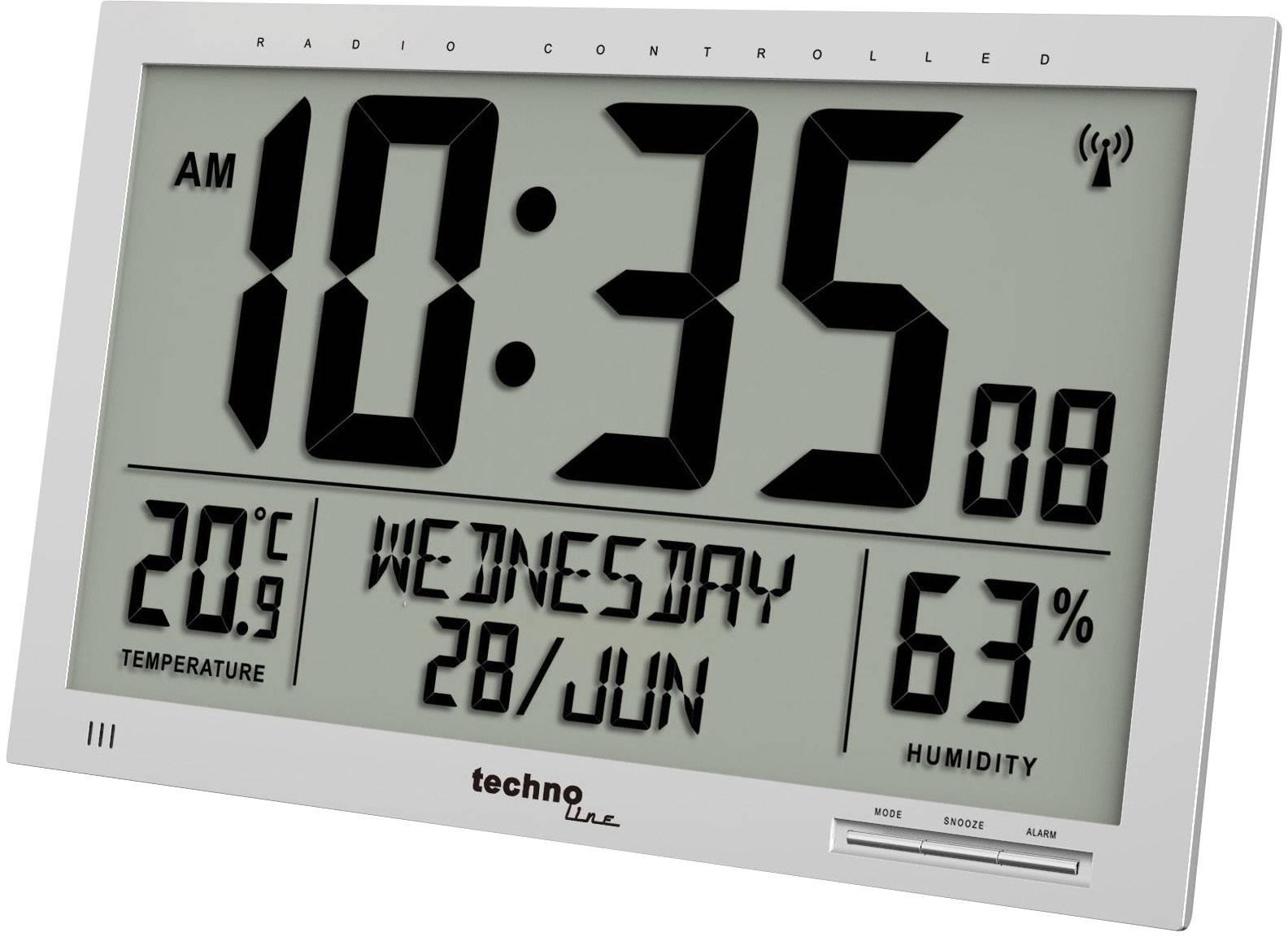 Digitale Funkuhr mit Anzeige: 10:35 Uhr, Mittwoch, 28. Juni. Temperatur: 20,9°C. Luftfeuchtigkeit: 63%.