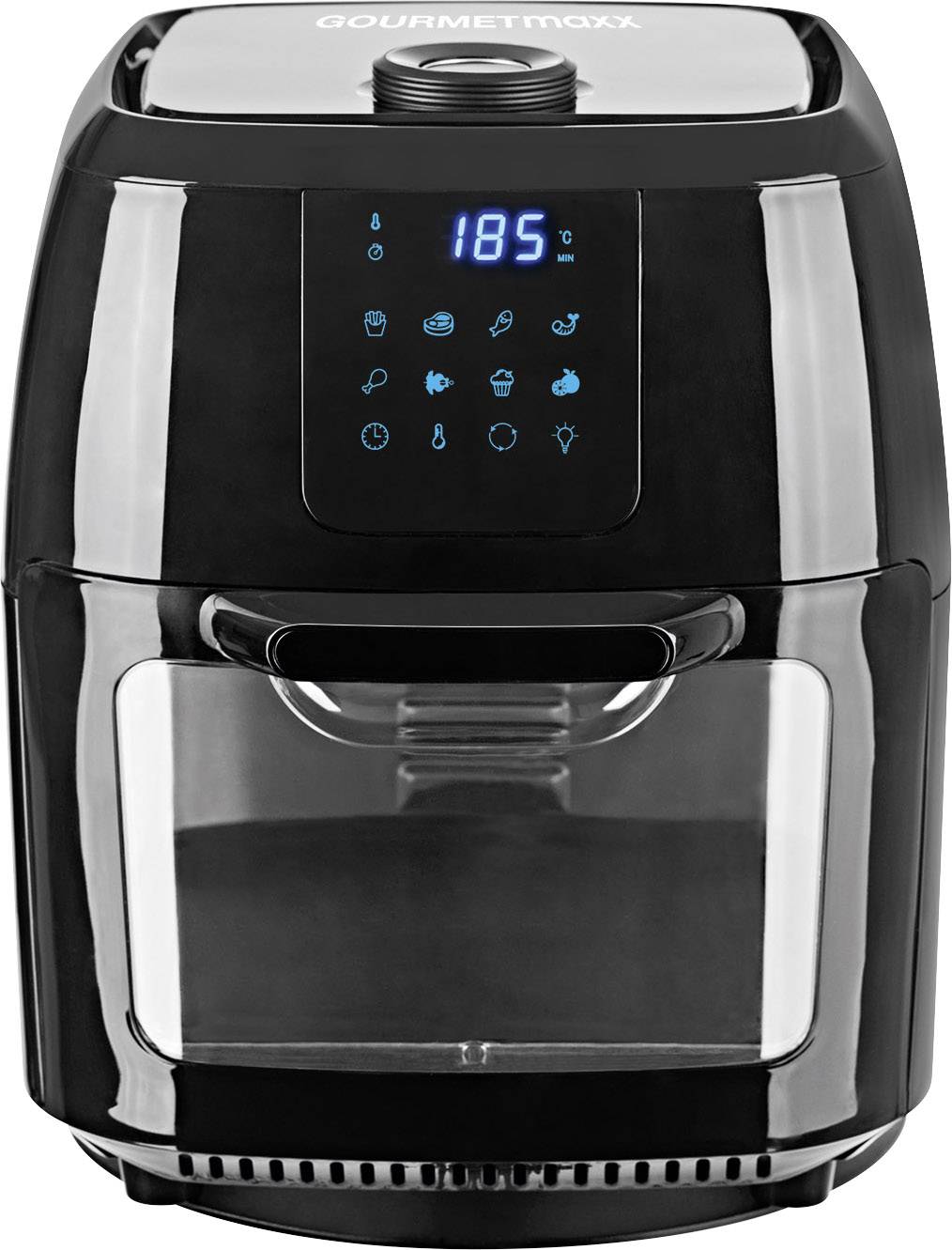 GourmetMaxx 02095 Heißluft-Fritteuse 2.5 l 1800 W mit Grillspieß, Temperaturvorwahl, Timerfunktion Edelstahl, Schwarz