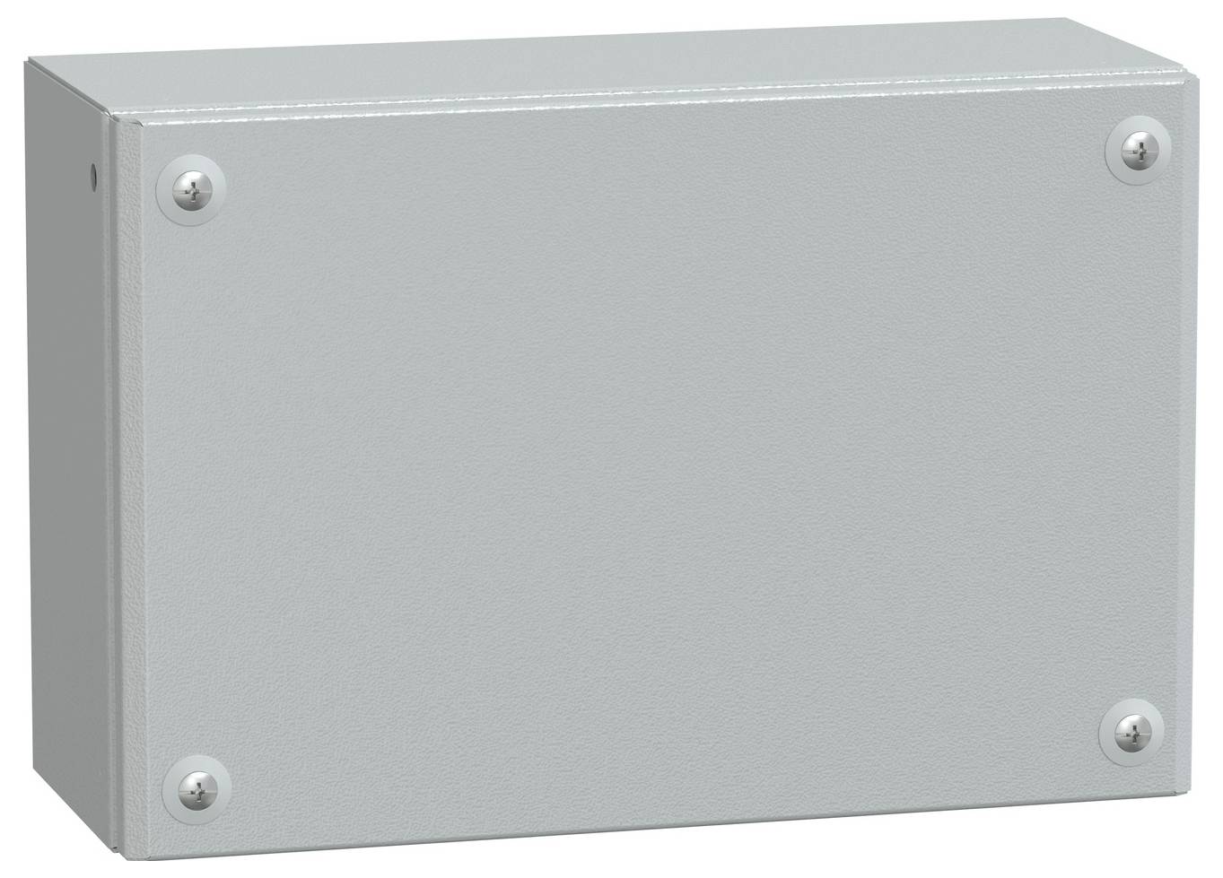 Eine schlichte, graue, rechteckige Metallbox mit verschraubten Ecken.