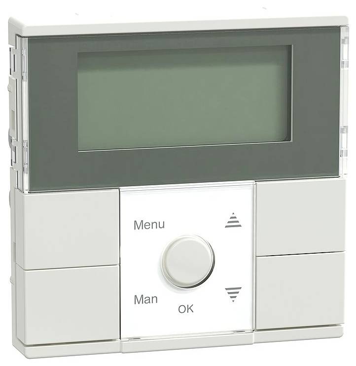 Ein weißes elektronisches Steuergerät mit einem Display oben, unter dem sich ein Drehknopf mit den Tasten 'Menu', 'Man' und 'OK' befindet.