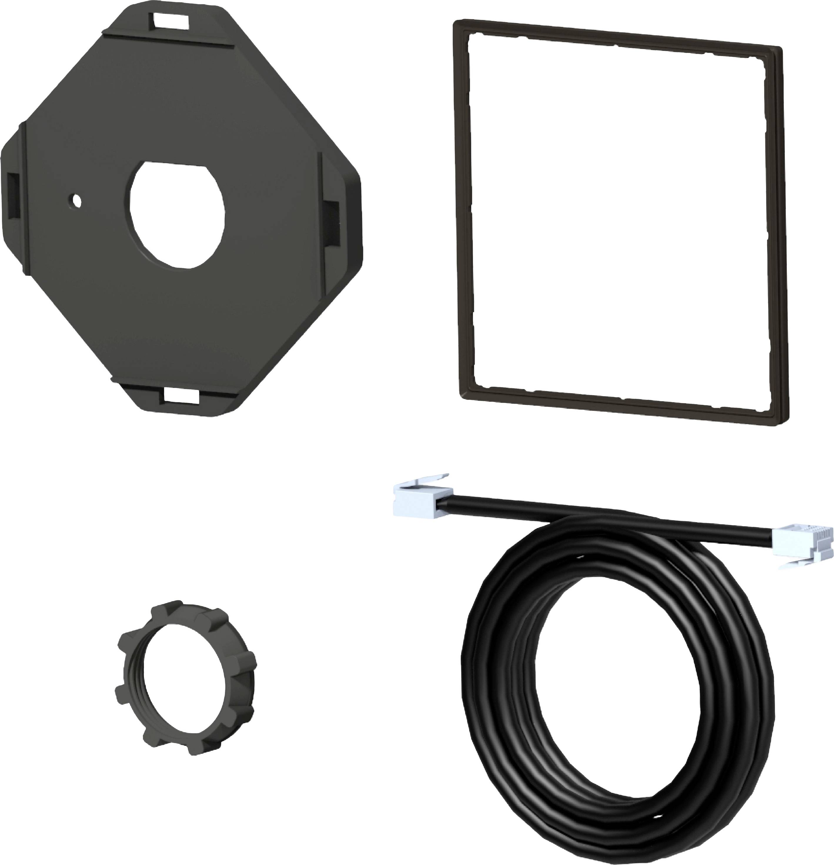 Verschiedene schwarze und metallische Komponenten, darunter eine Sechskantplatte, ein Rahmen, eine Ringbefestigung und ein aufgerolltes Kabel.