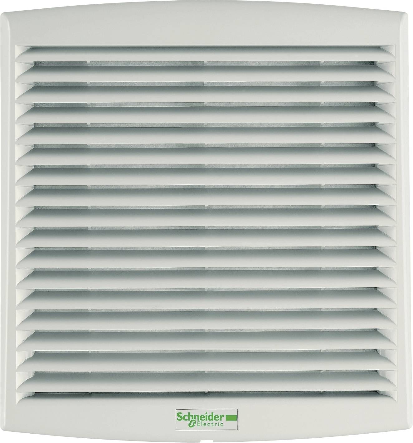 Weiß montiertes Wandlüftungsgitter mit horizontalen Lamellen, unten mit dem Label „Schneider Electric