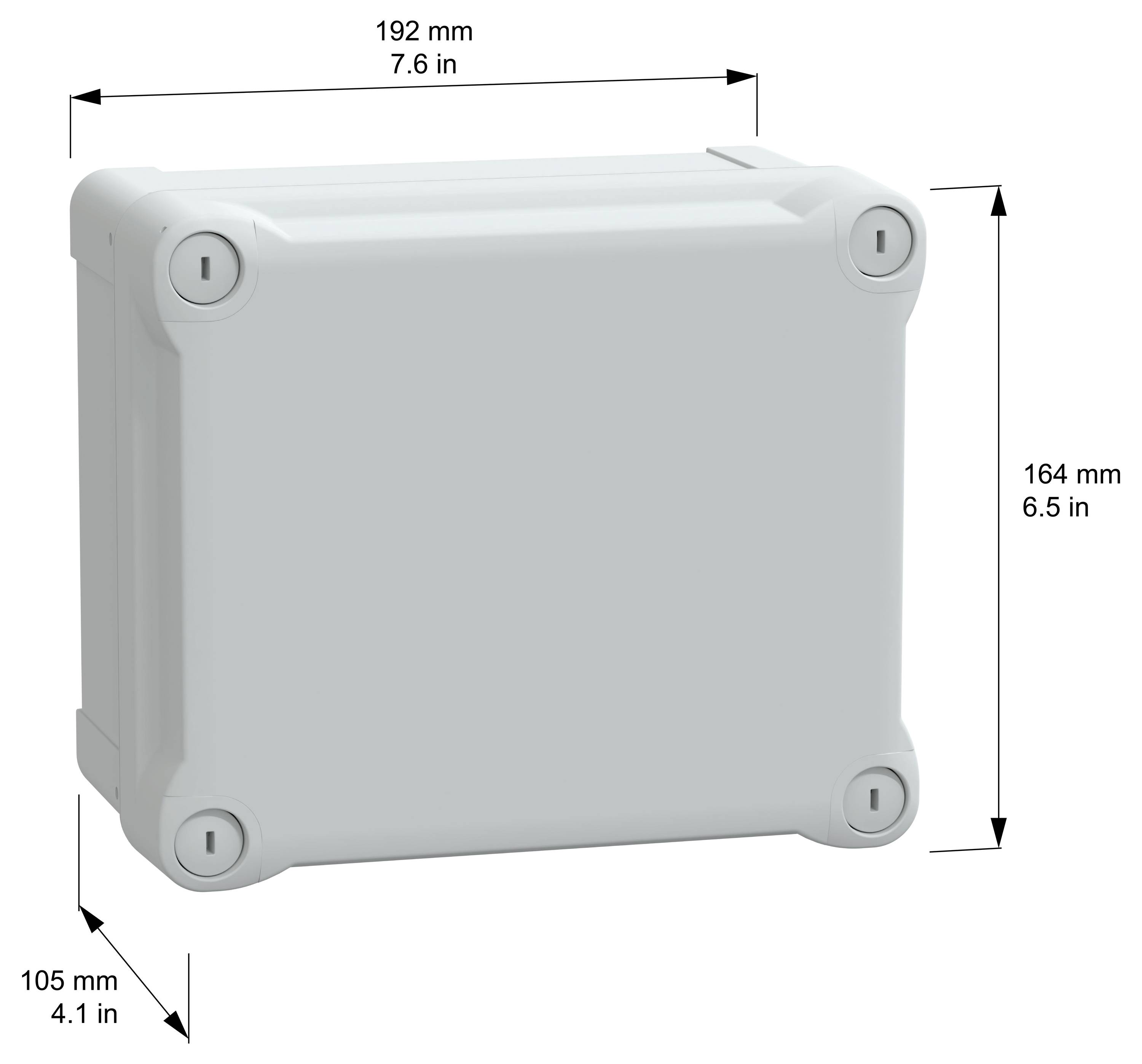 Ein rechteckiger Karton mit beschrifteten Abmessungen: Breite 192 mm (7,6 Zoll), Höhe 164 mm (6,5 Zoll), Tiefe 105 mm (4,1 Zoll).