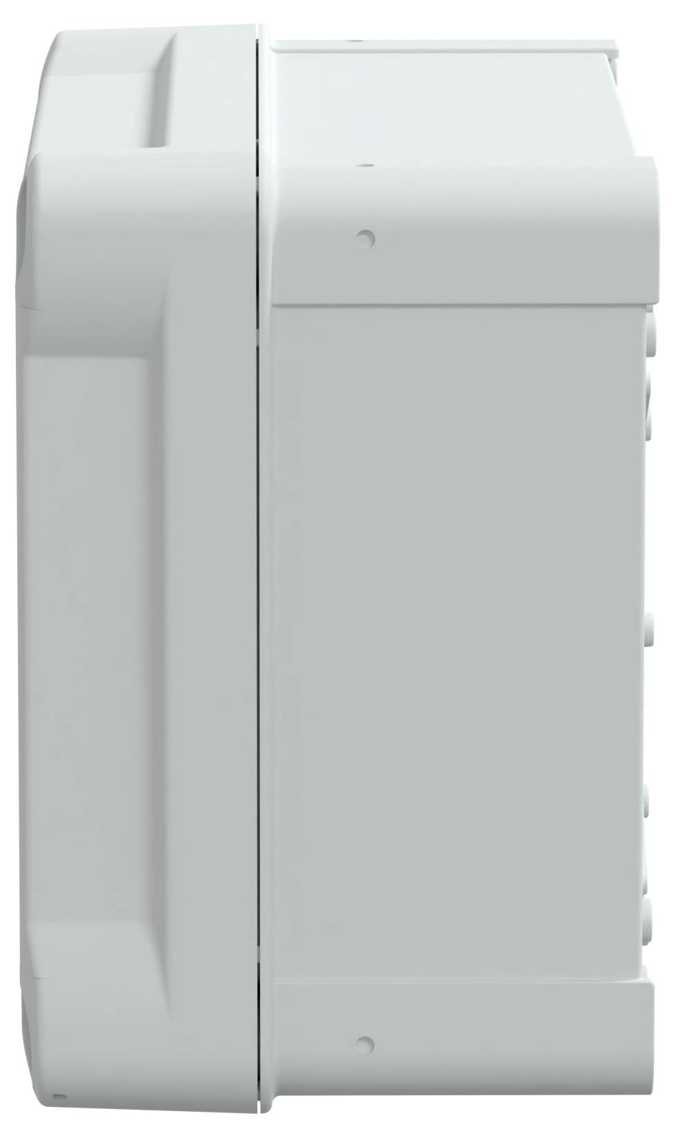 Rechteckiges weißes Industriegerät, Seitenansicht, mit glatter Oberfläche, möglicherweise eine elektronische Komponente oder ein Gerät.