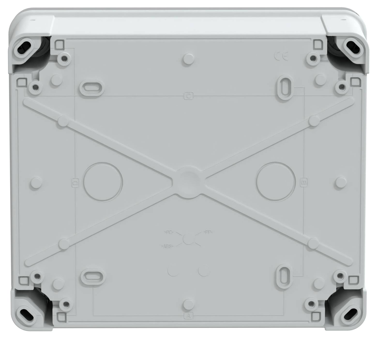Eine quadratische weiße Plastikbox mit einer flachen Oberfläche und kleinen Löchern in den Ecken, möglicherweise zum Befestigen. Das Design ist schlicht und ohne sichtbare Markierung.