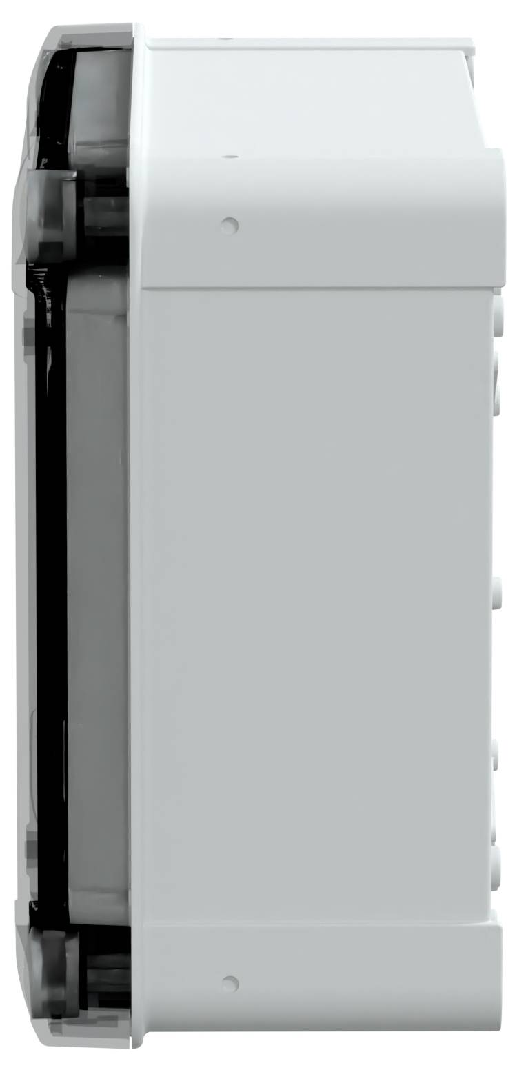 Ein weißes rechteckiges elektronisches Gerät, von der Seite betrachtet, mit kompaktem Design und sichtbaren Anschlüssen an einer Seite, vor einem schlichten Hintergrund.