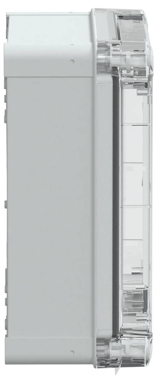 Seitenansicht eines grauen, rechteckigen elektronischen Geräts mit transparenten Komponenten auf der rechten Seite, das ein kompaktes und modernes Design zeigt.
