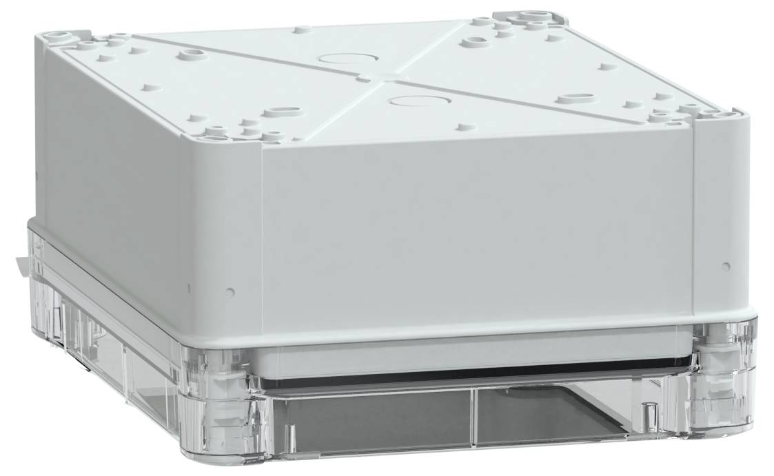 Eine weiße, rechteckige Kunststoffgehäuse mit abgerundeten Ecken sitzt auf einer transparenten Basis und wird möglicherweise zur Unterbringung von elektronischen Komponenten verwendet.