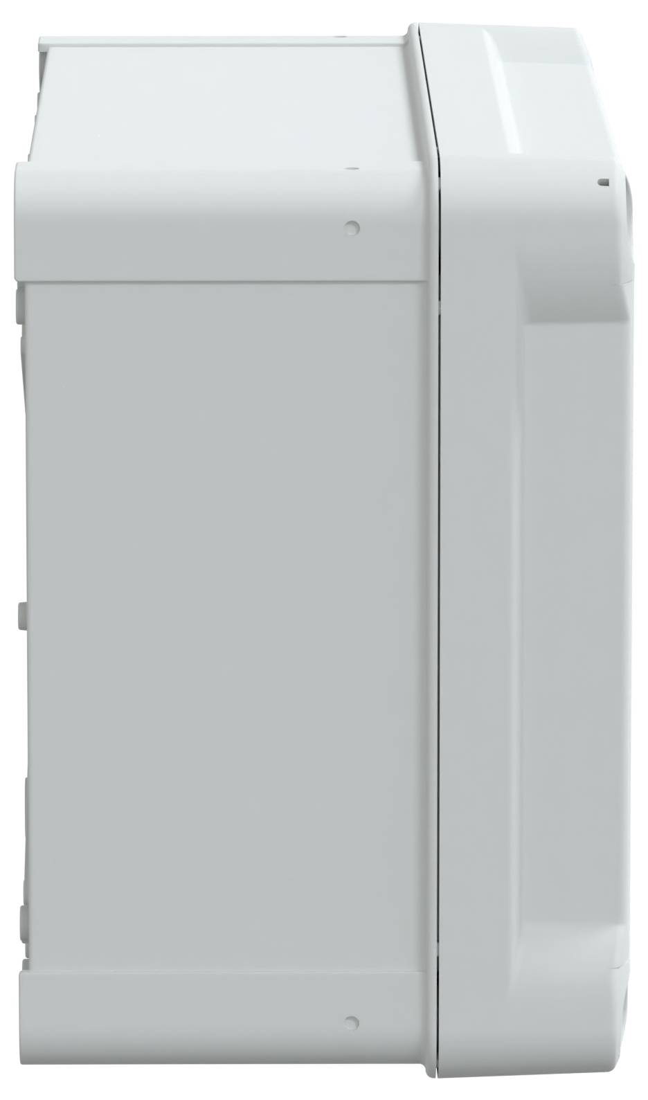 Seitenansicht eines weißen, rechteckigen elektronischen Geräts mit einem Griff, möglicherweise eine Komponente eines Druckers oder Scanners, vor einem einfarbigen Hintergrund.