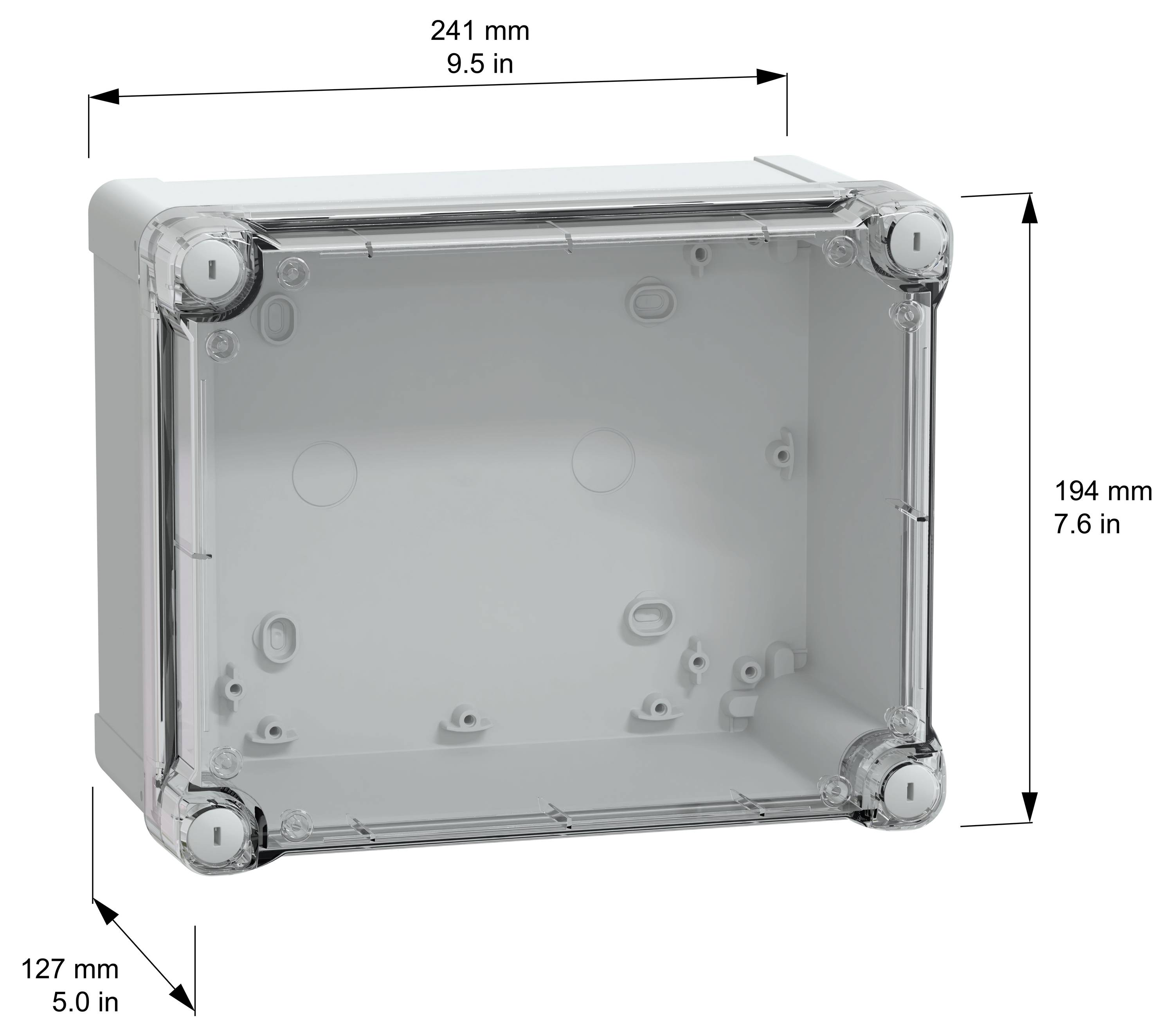 Bild eines rechteckigen, transparenten Elektrogehäuses mit Abmessungen: 241 mm (9,5 Zoll) breit, 194 mm (7,6 Zoll) hoch, 127 mm (5,0 Zoll) tief.