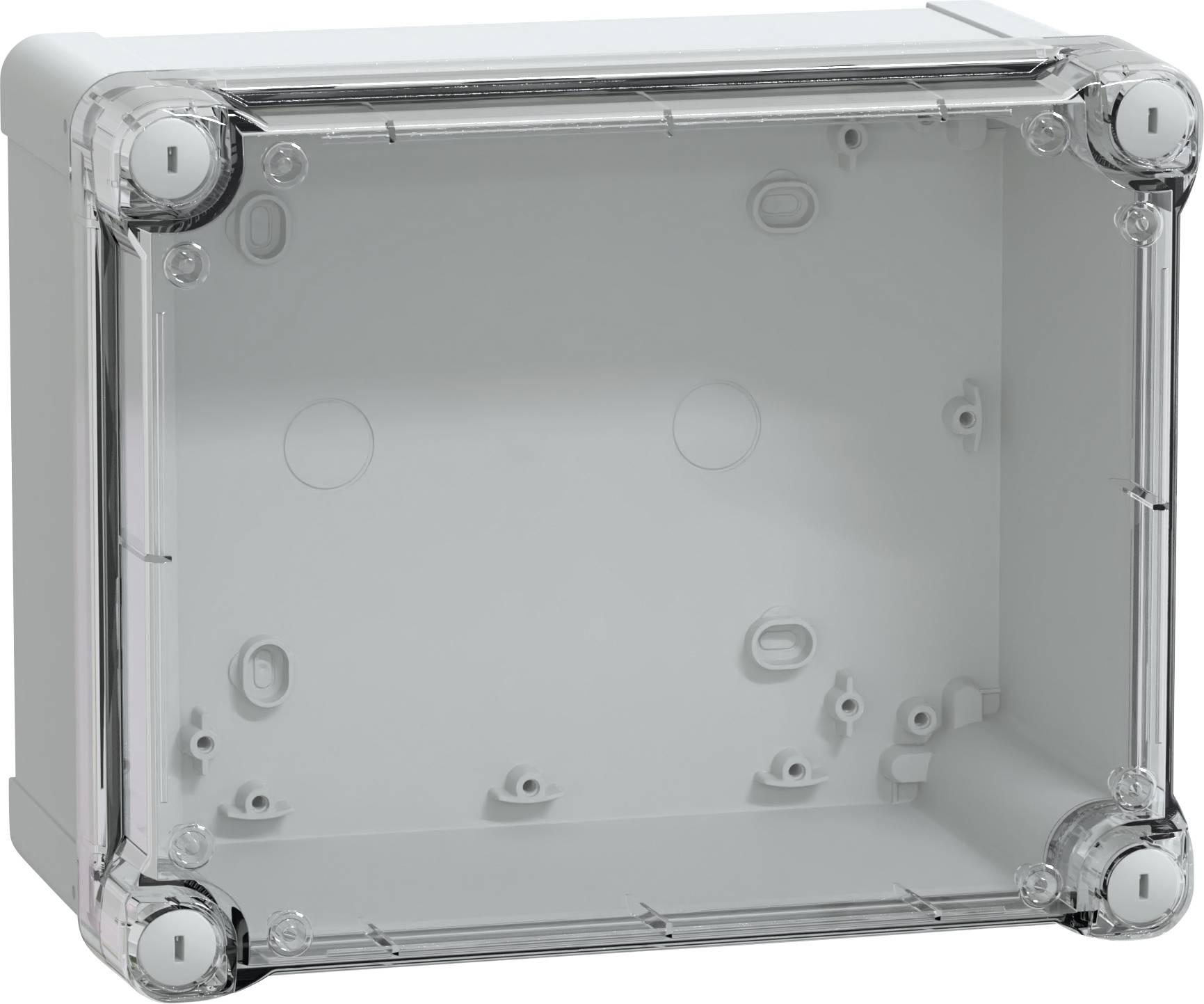 Eine leere weiße Plastikgehäuse mit durchsichtigem Deckel, möglicherweise ein elektronisches Gehäuse.