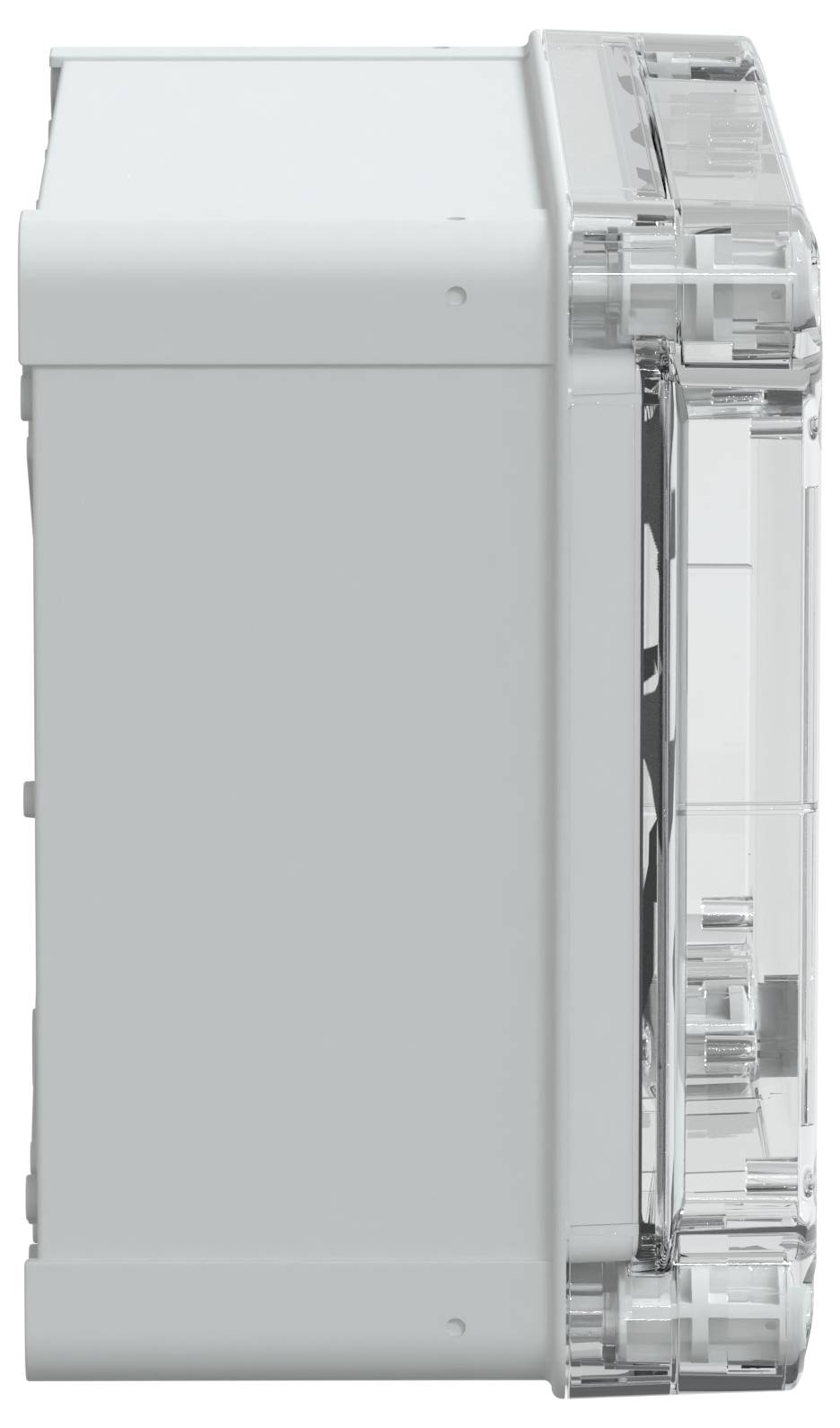 Seitenansicht eines weißen L-förmigen Geräts mit einem transparenten Abschnitt auf der rechten Seite, der einen inneren Mechanismus zeigt.