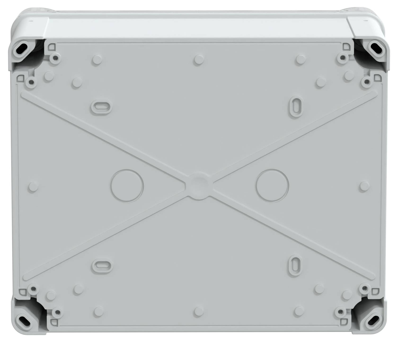 Ein graues, quadratisches elektronisches Gehäuse mit mehreren Schraublöchern und kreisförmigen Vertiefungen auf seiner Oberfläche, geeignet zum Anbringen von Komponenten.