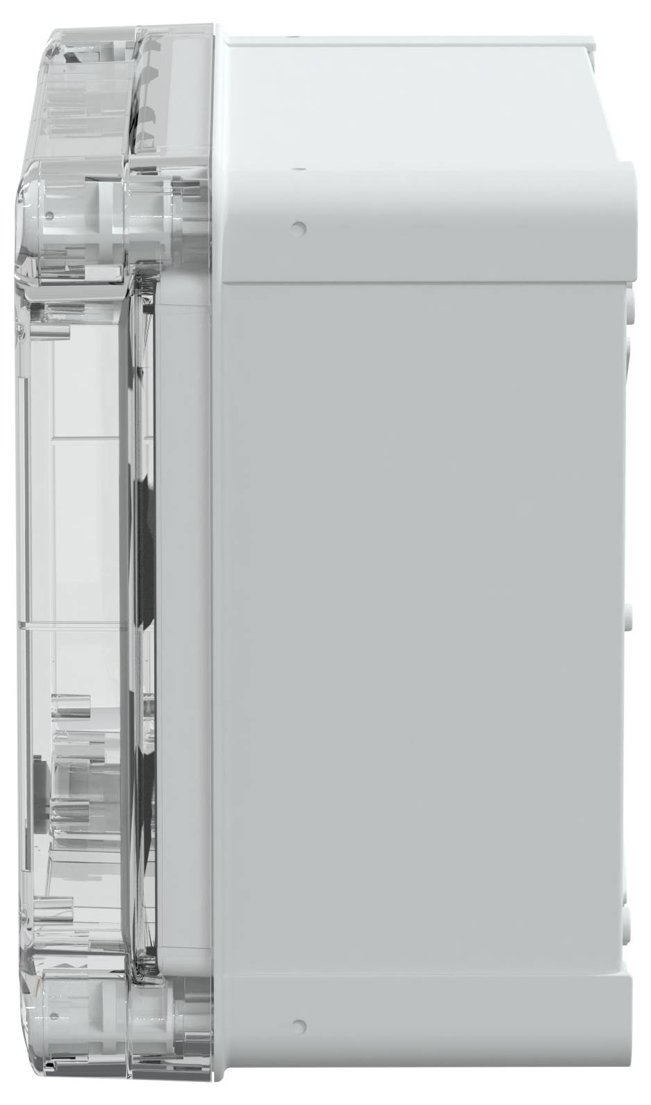 Seitenansicht eines weißen Plastik-Elektronikgeräts mit transparenten Kanten, das ein kompaktes rechteckiges Design und subtile Oberflächendetails zeigt.