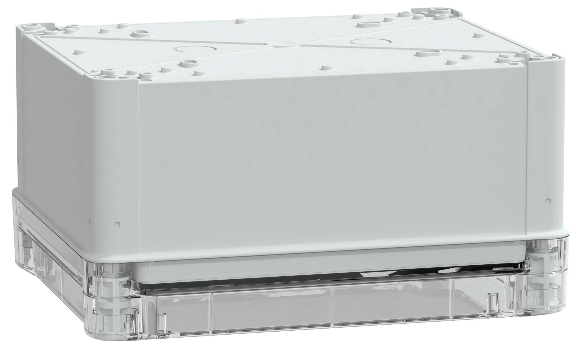 Eine rechteckige, weiße Elektro-Verteilerdose aus Kunststoff mit transparenter Grundfläche, die dazu dient, elektrische Verbindungen sicher zu schützen und zu verbergen.