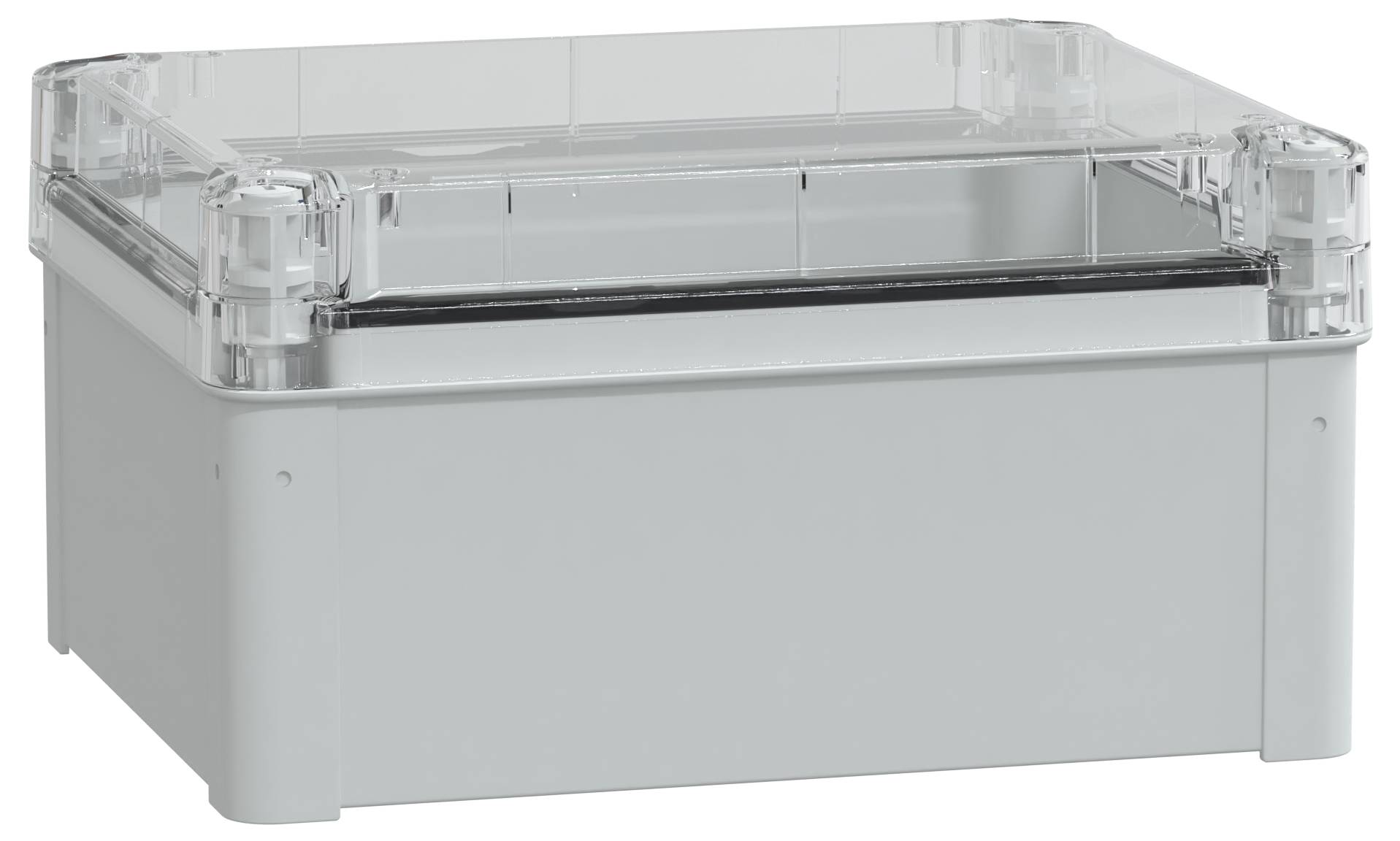 Ein rechteckiges Kunststoffgehäuse mit transparentem Deckel, das üblicherweise zur Unterbringung von elektrischen Komponenten oder Ausrüstung verwendet wird.