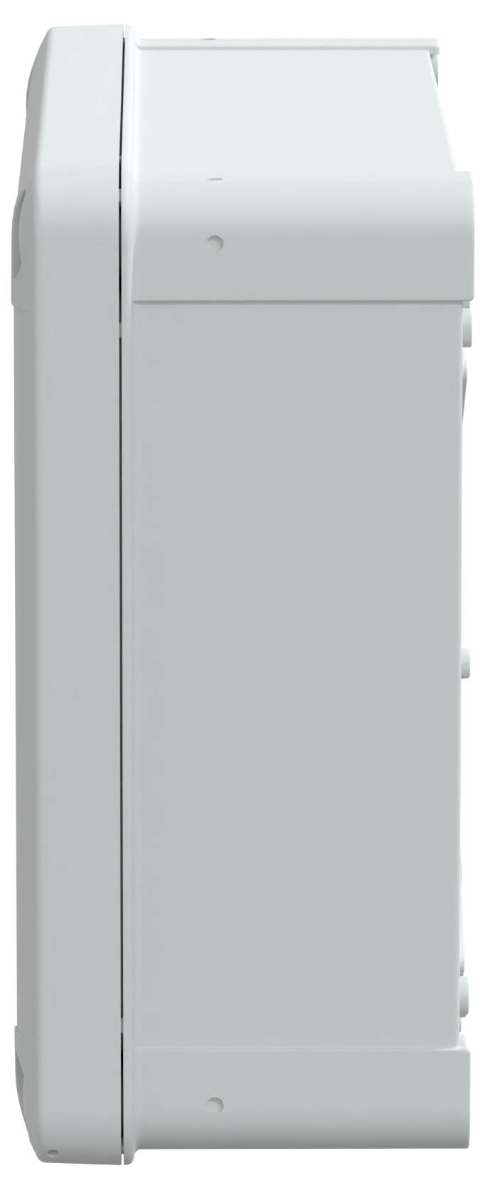 Seitenansicht eines weißen, rechteckigen elektronischen Geräts mit minimalistischem Design. Es verfügt über eine glatte Oberfläche mit dezenten Kanten.