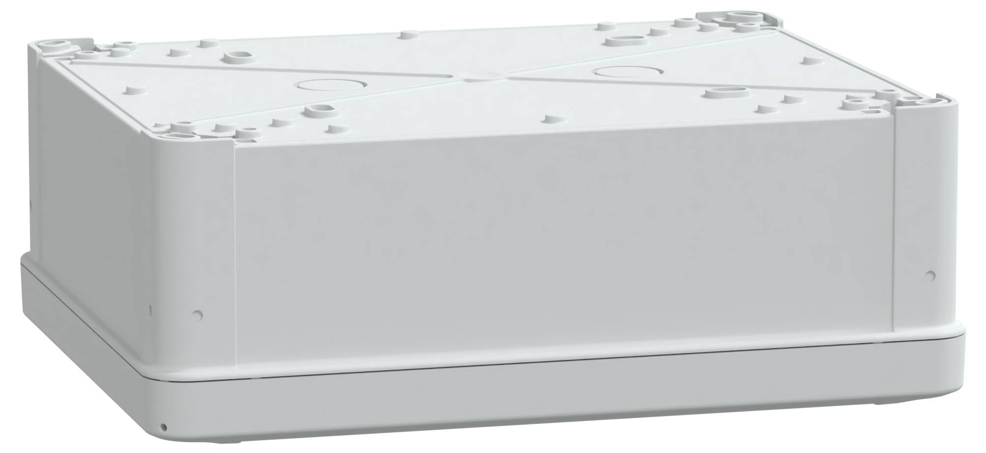 Ein weißes rechteckiges Kunststoffgehäuse mit einer flachen, leicht strukturierten Oberfläche, das mehrere Schraublöcher und kleine vertikale Rillen an den Seiten aufweist.