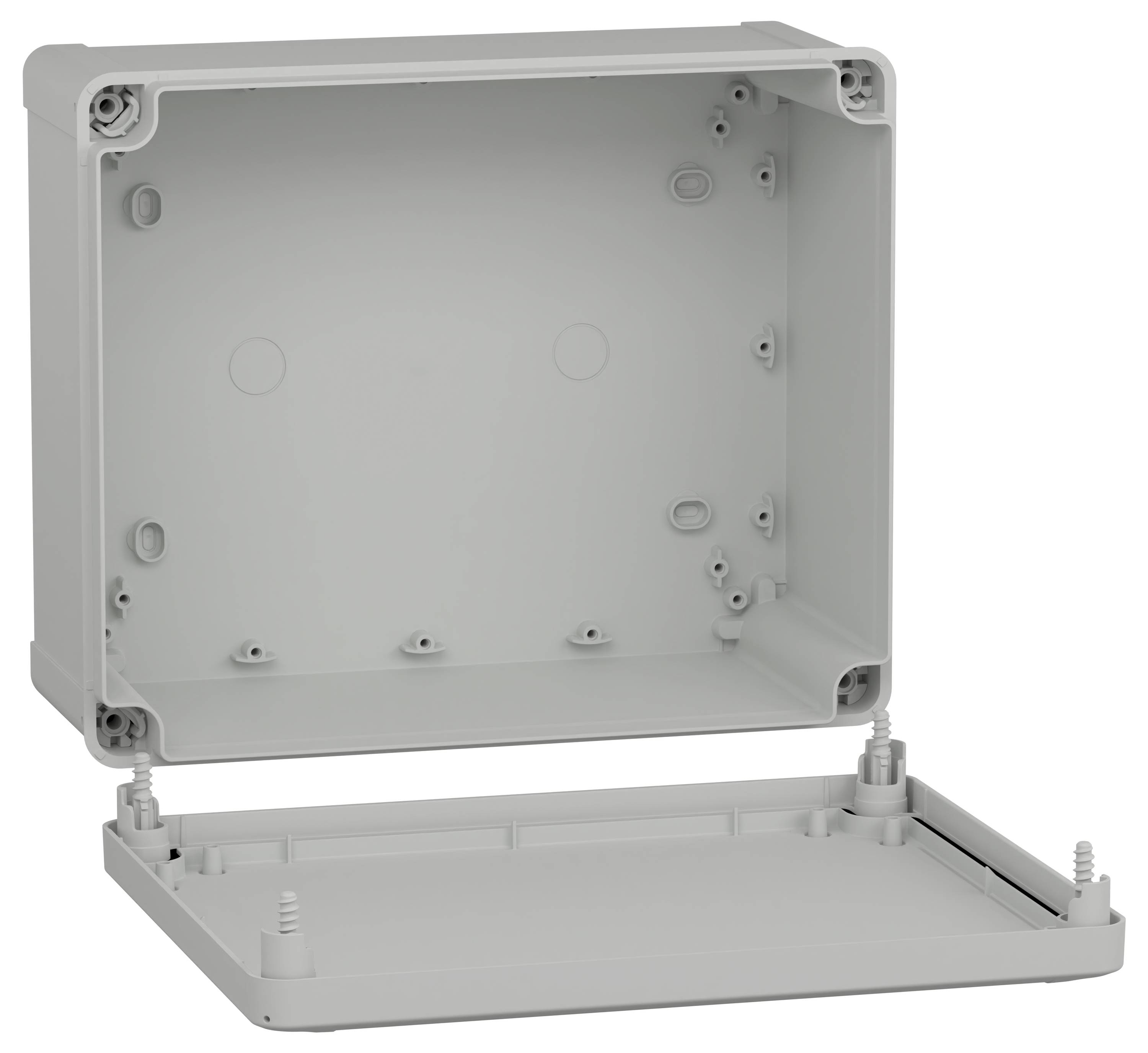 Eine offene, leere graue elektrische Installationsbox mit sichtbaren Befestigungsschrauben, die zur Aufnahme von elektronischen Komponenten verwendet wird.