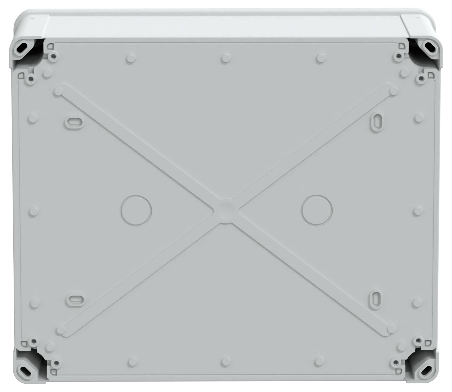 Eine graue, rechteckige elektrische Anschlussbox, von vorne betrachtet, mit einem Kreuz-Muster und mehreren Schraublöchern zur Befestigung.