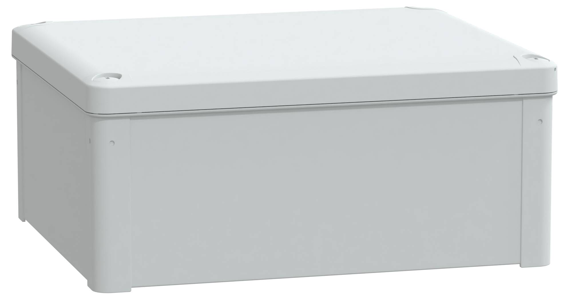 Eine rechteckige, hellgraue Kunststoff-Gehäusebox mit abnehmbarem Deckel, konzipiert zum Abschirmen und Organisieren von elektrischen Komponenten oder Verkabelung.
