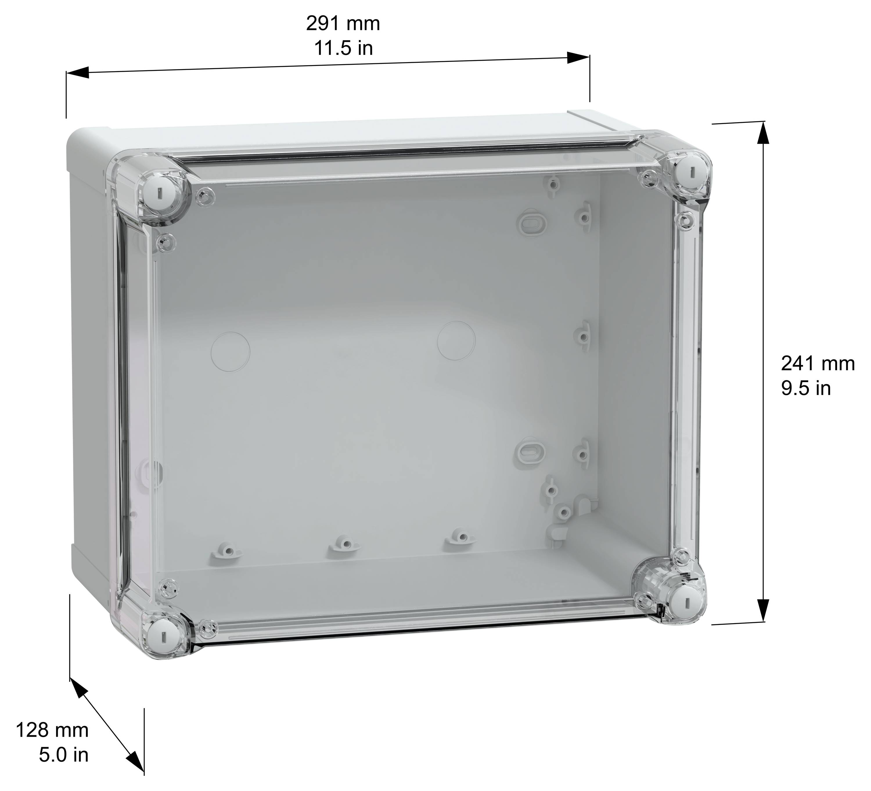 Rechteckige Gehäusebox mit durchsichtigem Deckel, messend 291 mm x 241 mm x 128 mm (11,5 in x 9,5 in x 5,0 in), aus einem Winkel betrachtet.