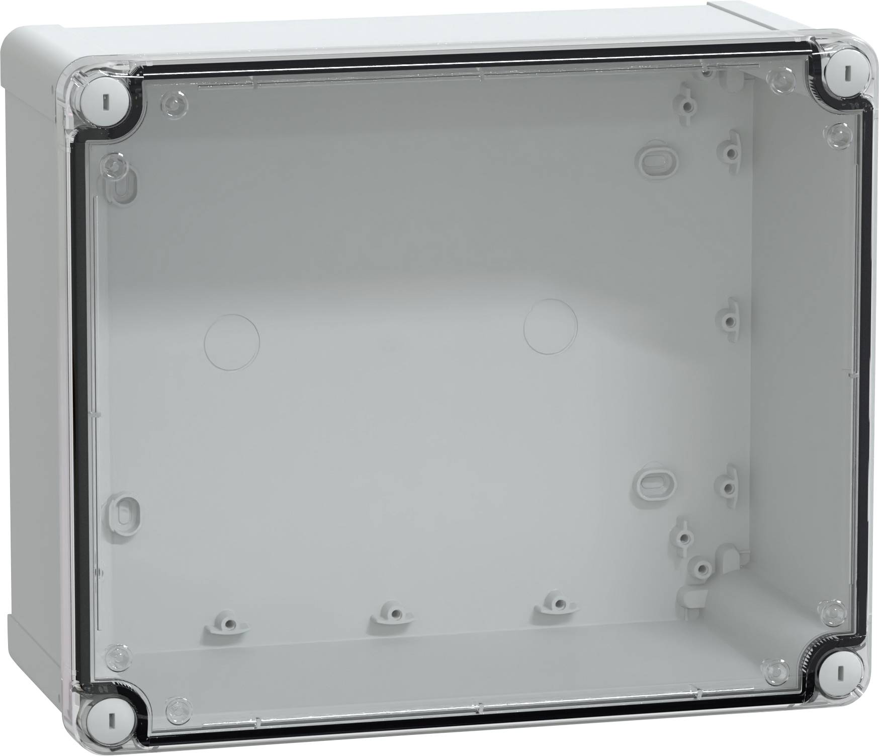 Eine rechteckige, transparente Kunststoff-Elektrogehäusebox mit weißem Rahmen und Eckschrauben, die zur Unterbringung von elektronischen Komponenten verwendet wird.